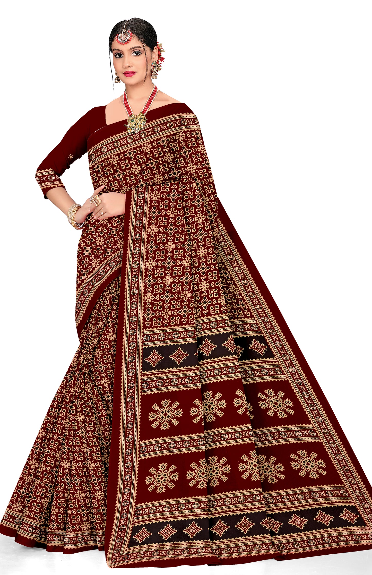 Sitara Premium Printed Ajrakh Maroon Color Saree