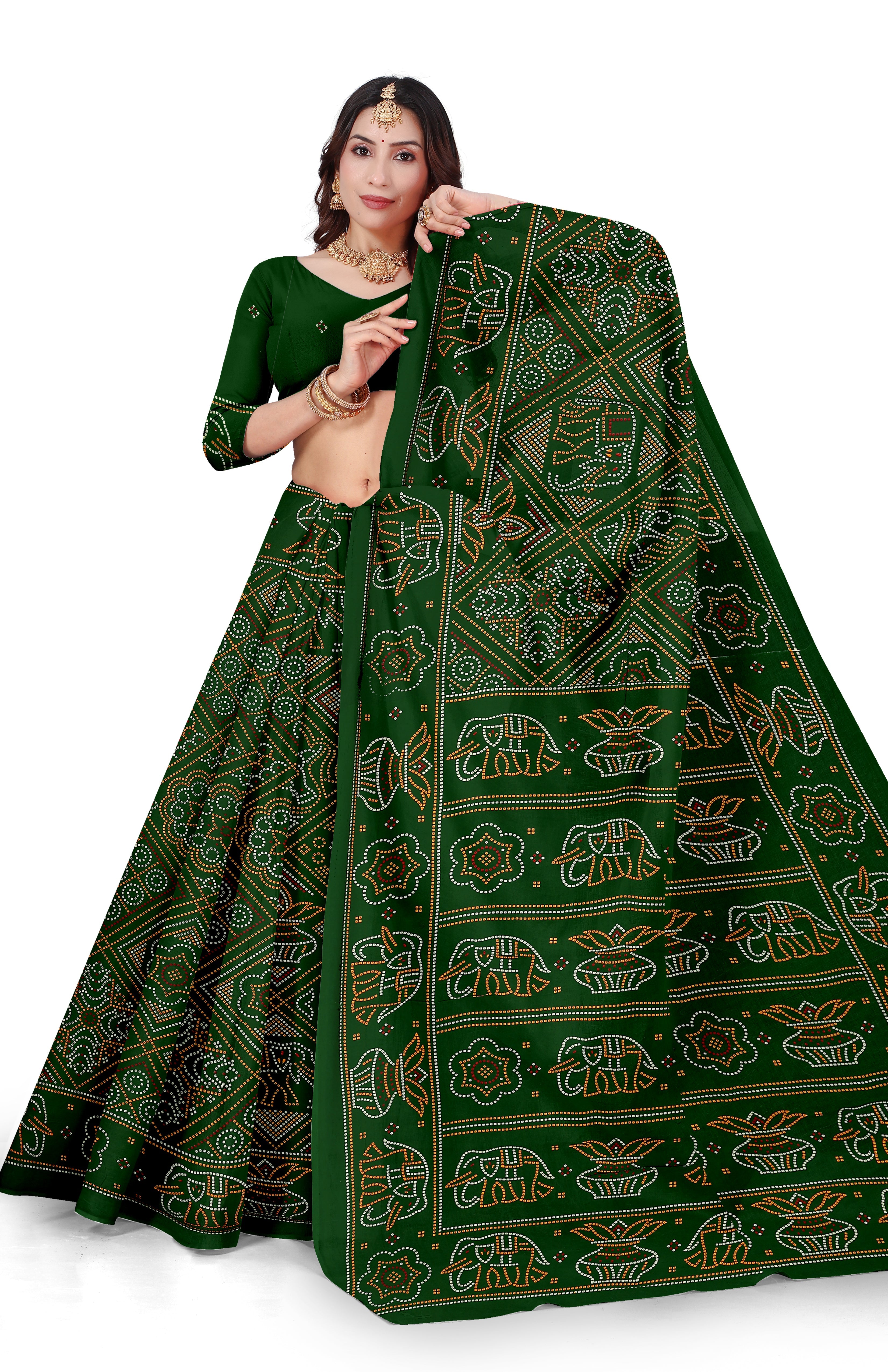 Gaj Kesari Heritage Print Green Color Bandhani Saree