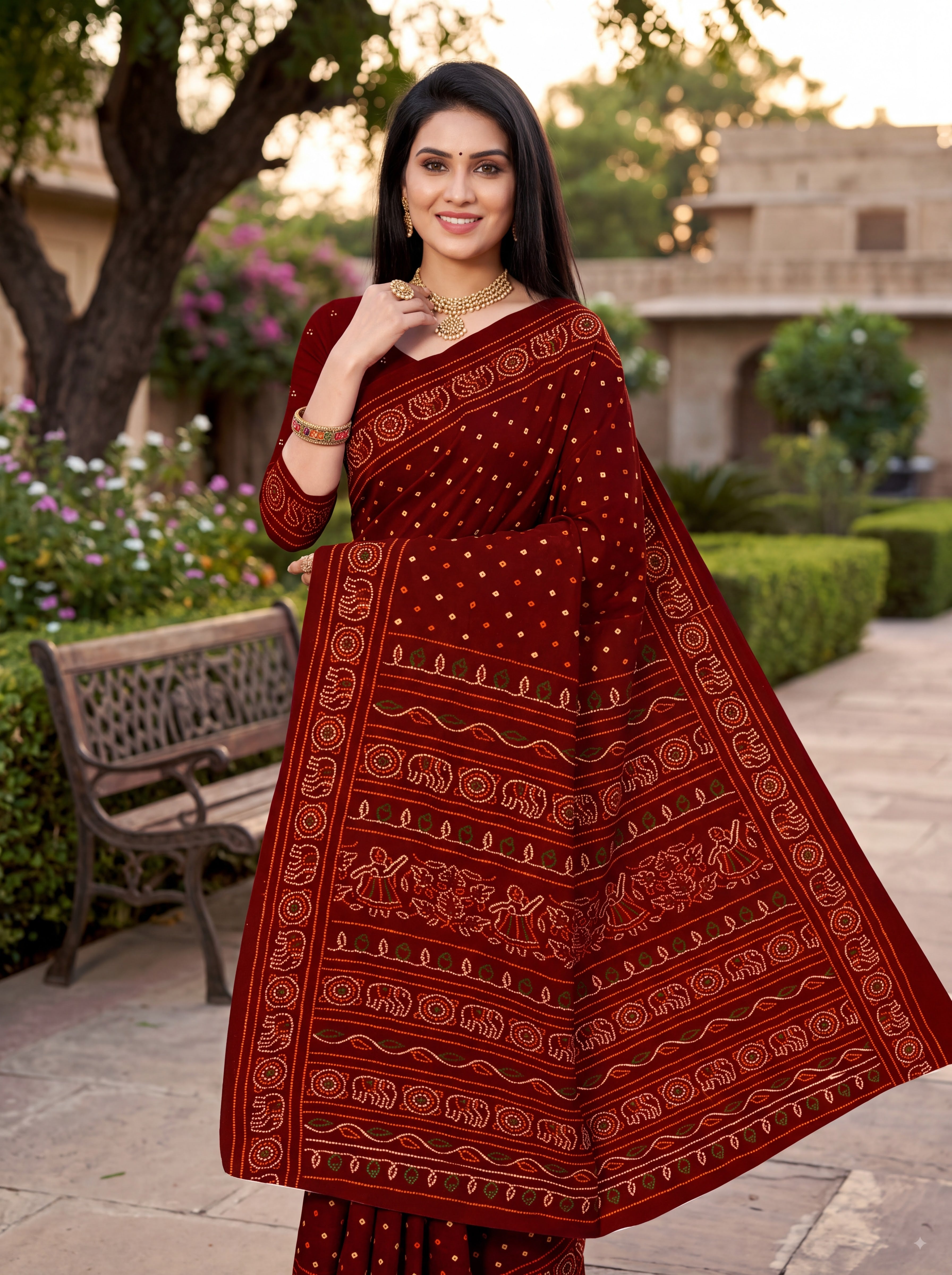 Rang Mahal Heritage Print Maroon Color Bandhani Saree