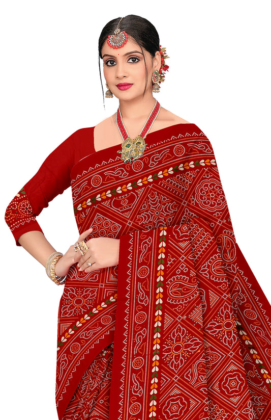 Raj Lakshmi Heritage Print Red Color Bandhani Saree