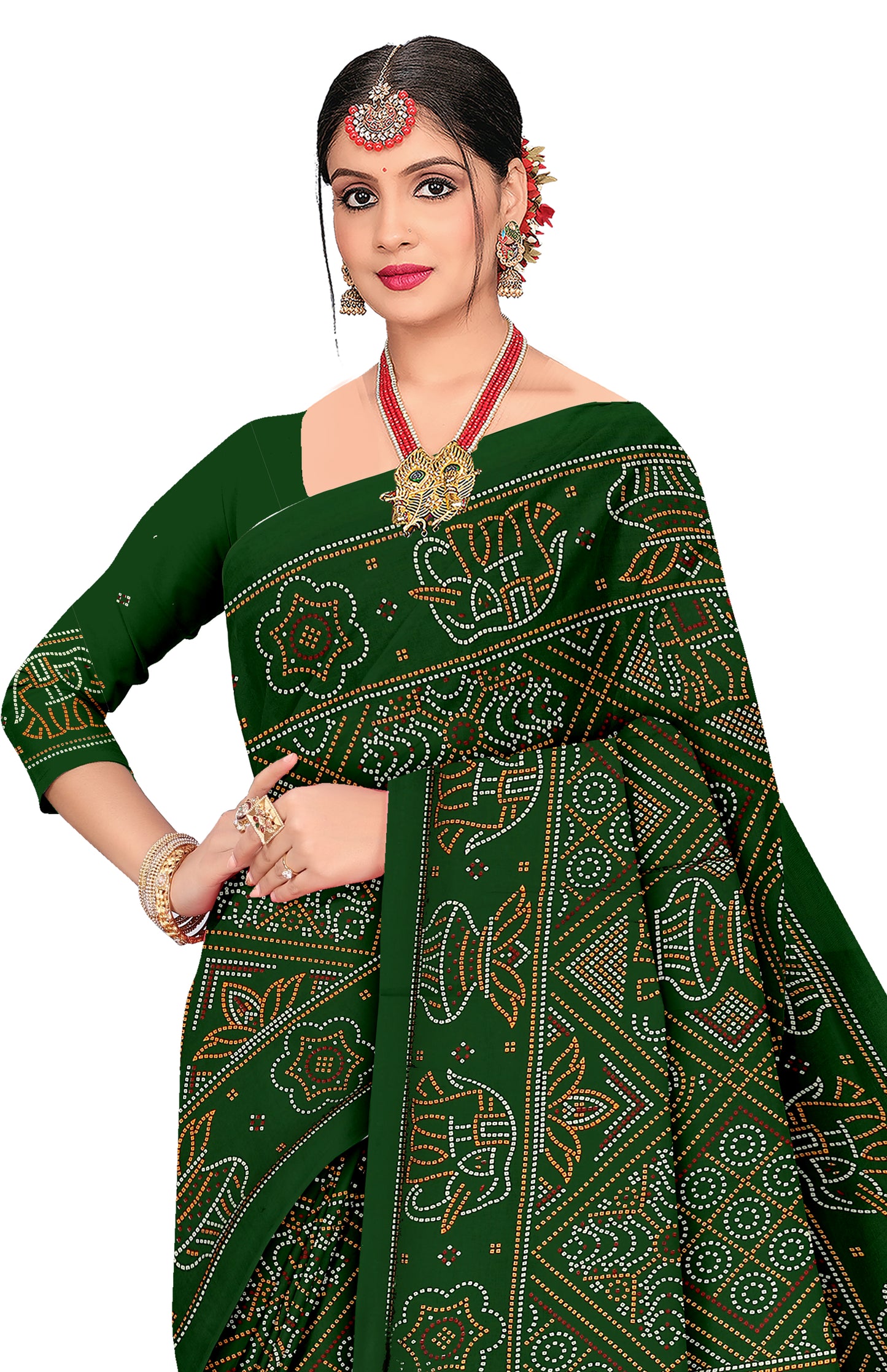 Gaj Kesari Heritage Print Green Color Bandhani Saree