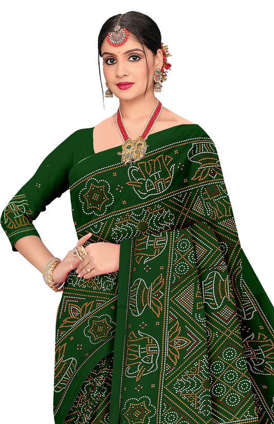 Gaj Kesari Heritage Print Green Color Bandhani Saree