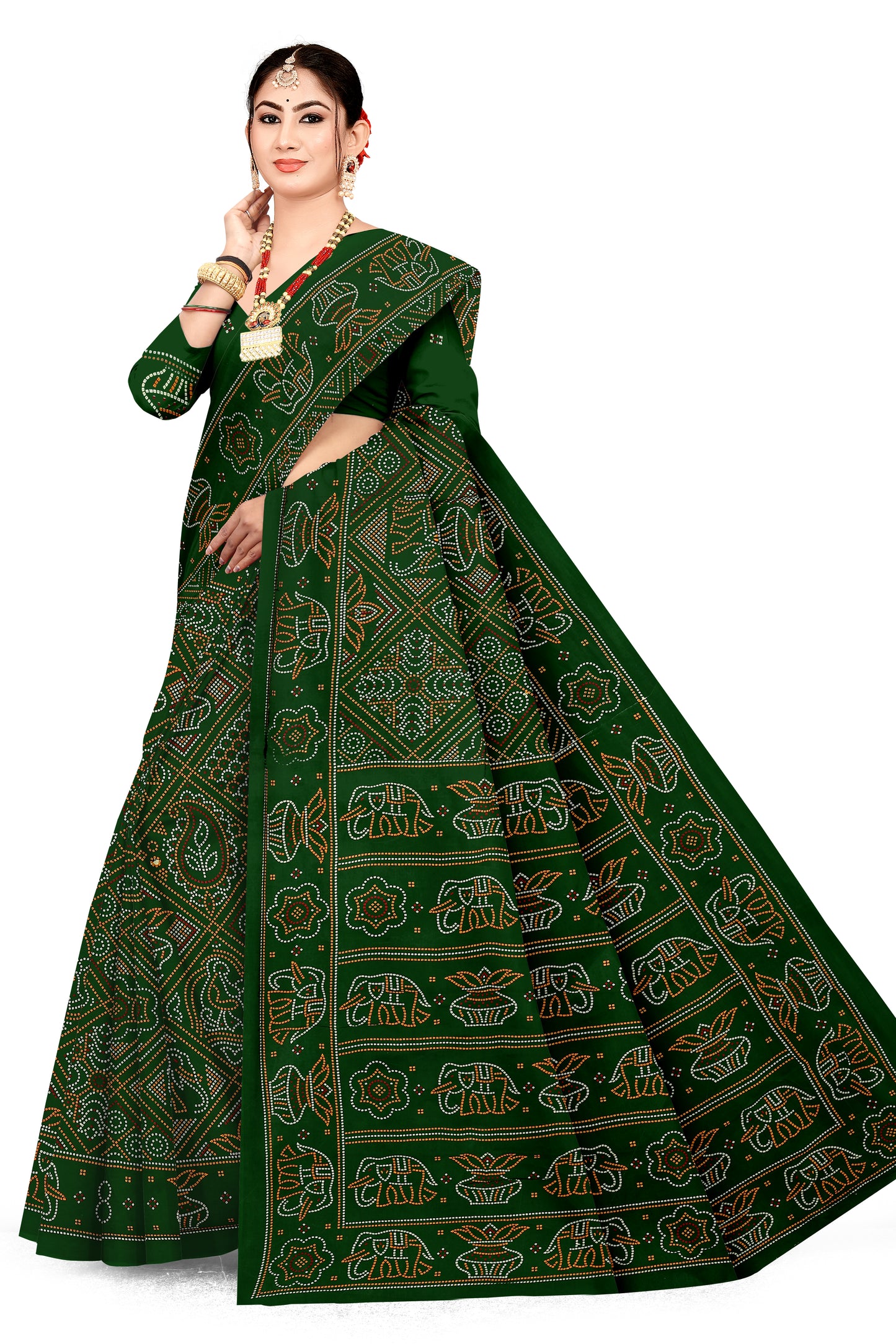 Gaj Kesari Heritage Print Green Color Bandhani Saree