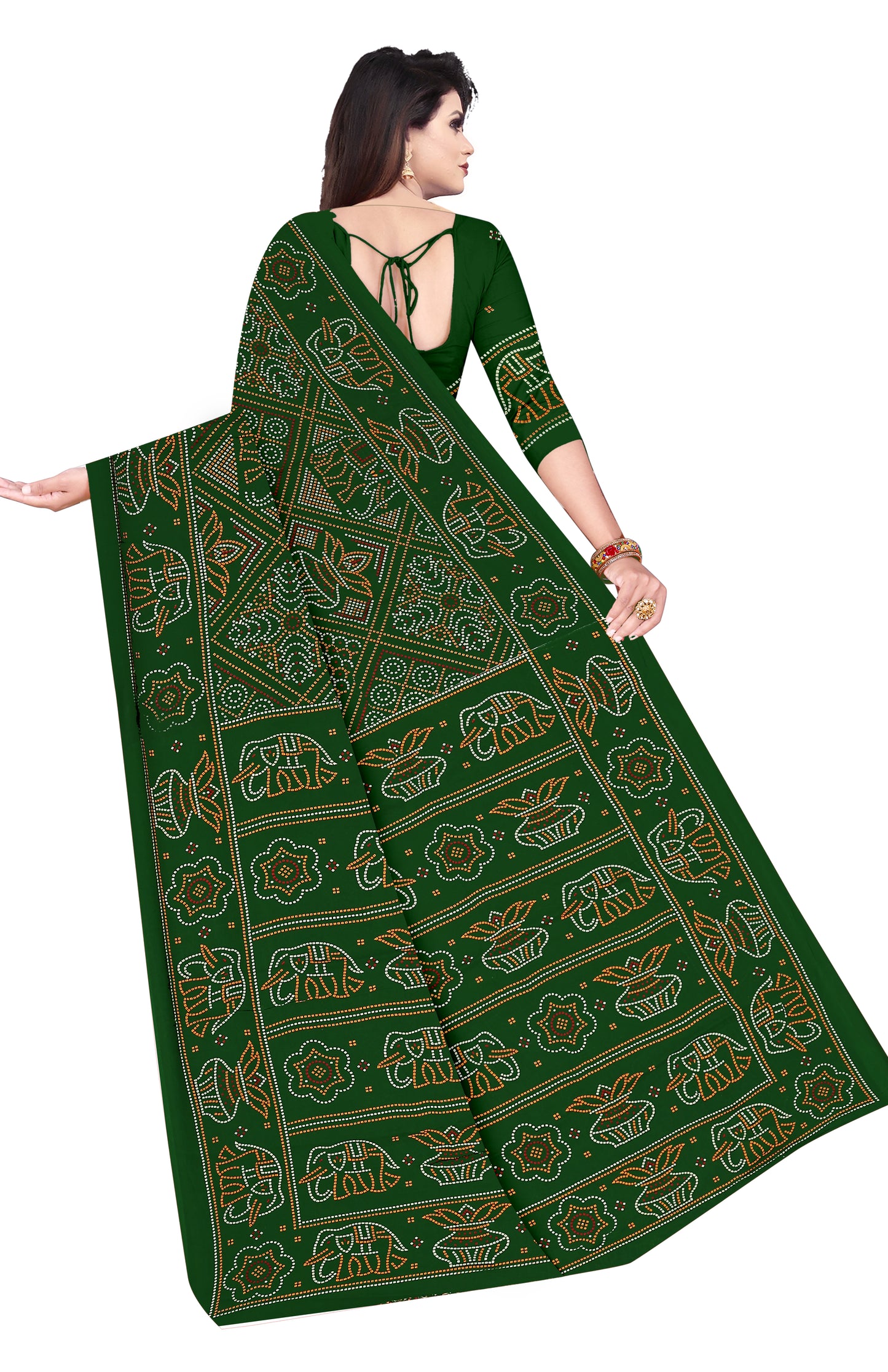 Gaj Kesari Heritage Print Green Color Bandhani Saree