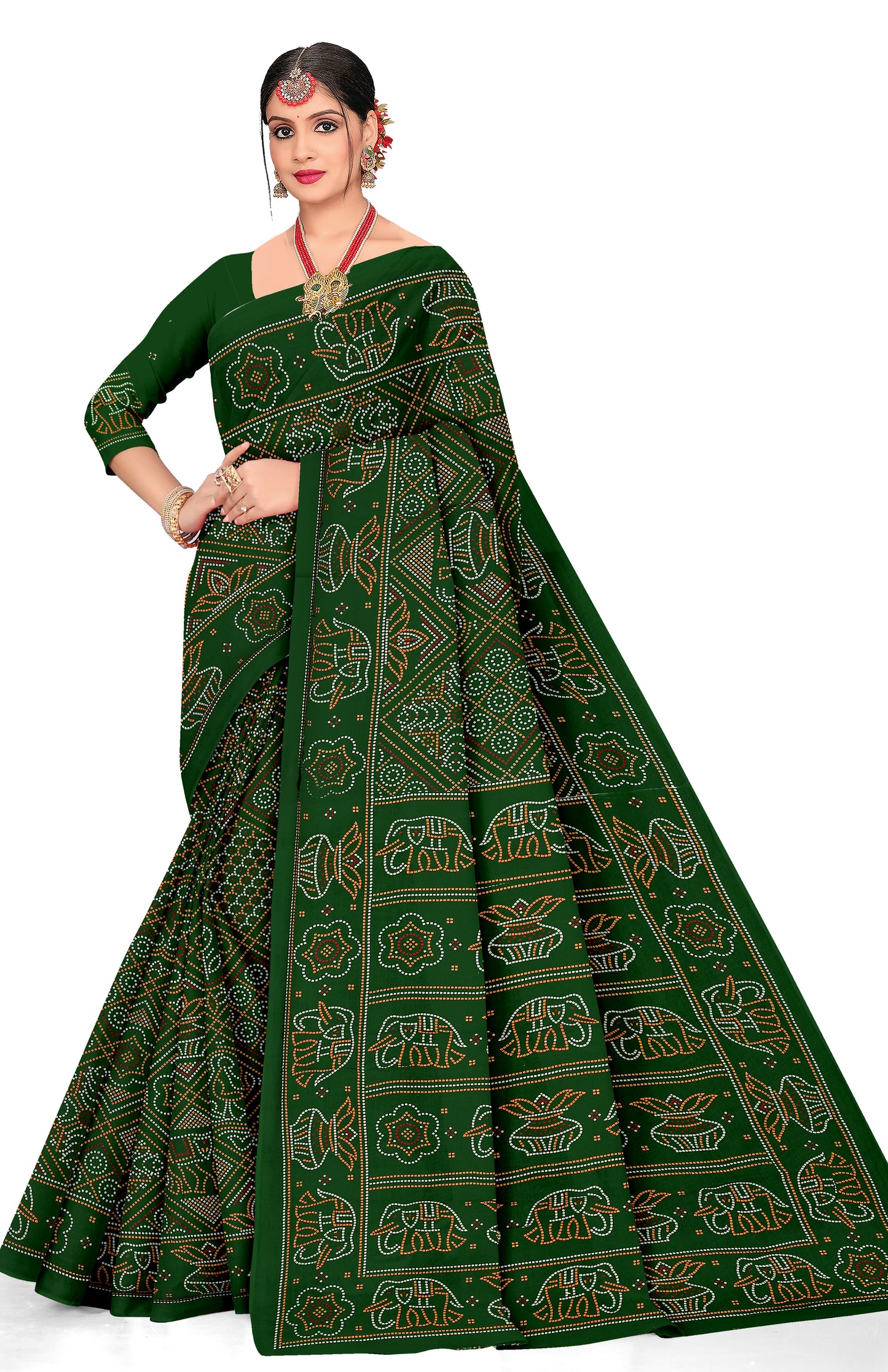 Gaj Kesari Heritage Print Green Color Bandhani Saree