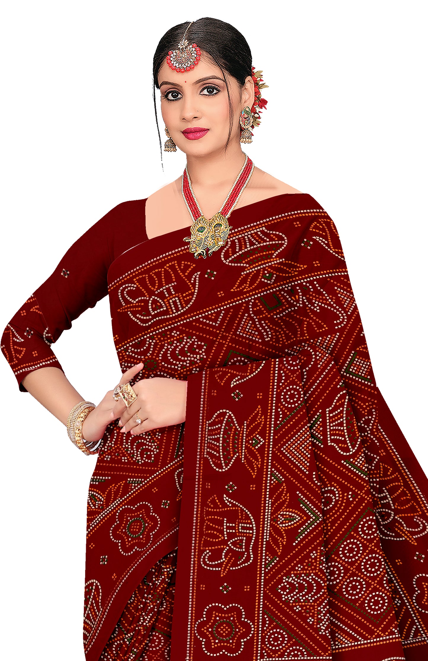 Gaj Kesari Heritage Print Maroon Color Bandhani Saree