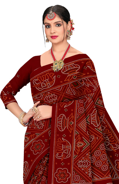 Gaj Kesari Heritage Print Maroon Color Bandhani Saree
