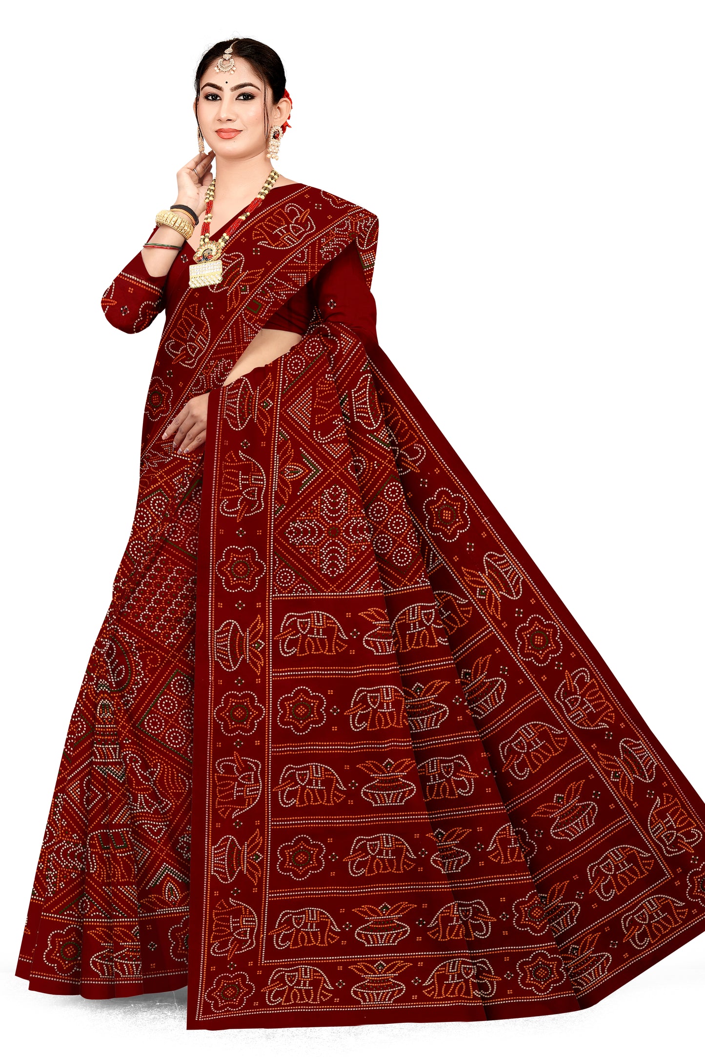 Gaj Kesari Heritage Print Maroon Color Bandhani Saree