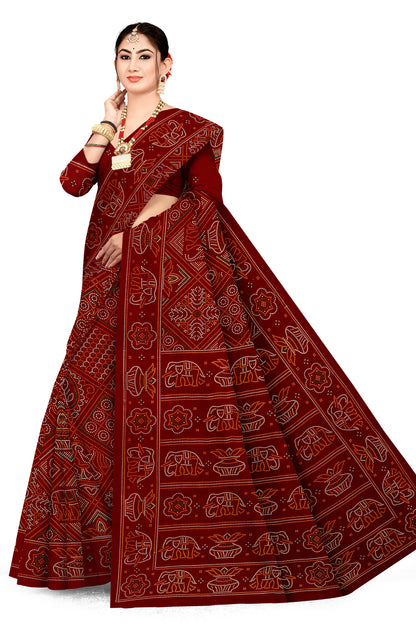Gaj Kesari Heritage Print Maroon Color Bandhani Saree