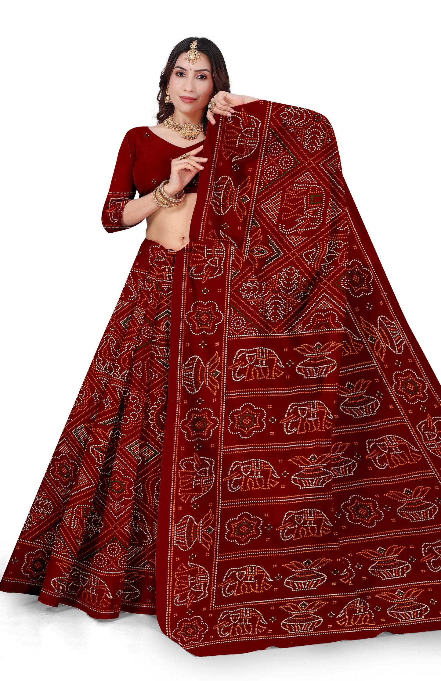 Gaj Kesari Heritage Print Maroon Color Bandhani Saree