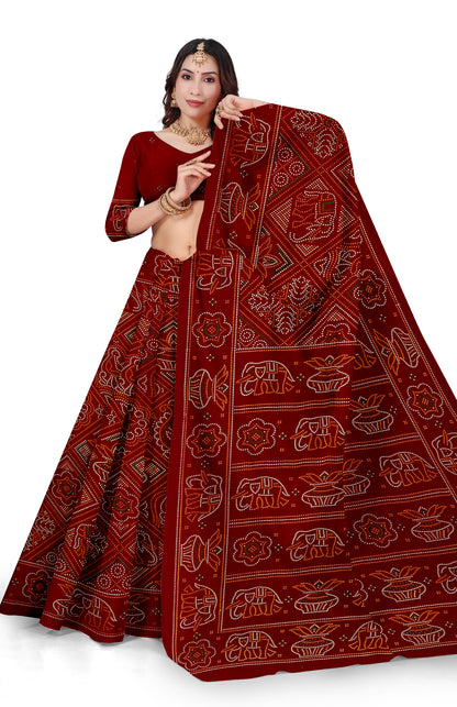 Gaj Kesari Heritage Print Maroon Color Bandhani Saree