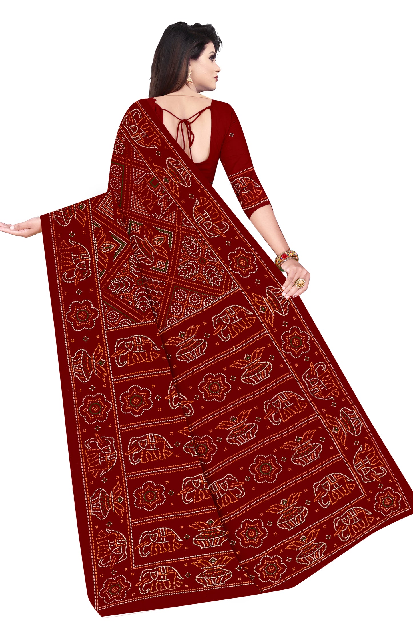 Gaj Kesari Heritage Print Maroon Color Bandhani Saree