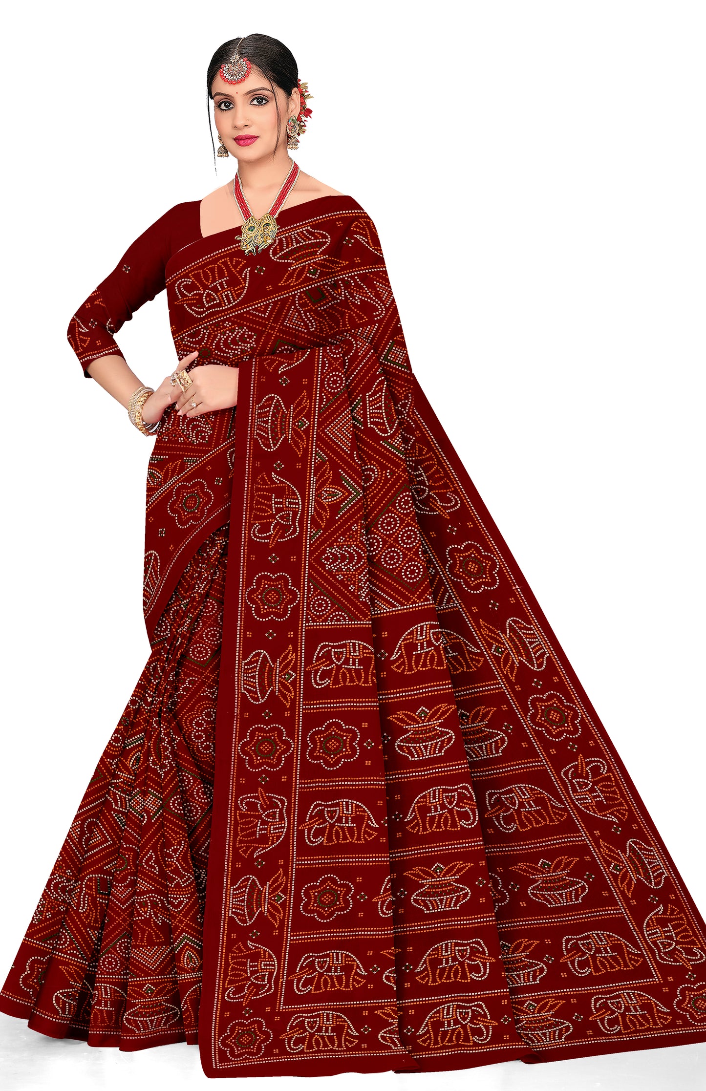 Gaj Kesari Heritage Print Maroon Color Bandhani Saree