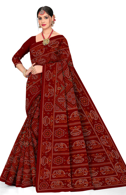 Gaj Kesari Heritage Print Maroon Color Bandhani Saree