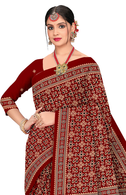 Sitara Premium Printed Ajrakh Red Color Saree