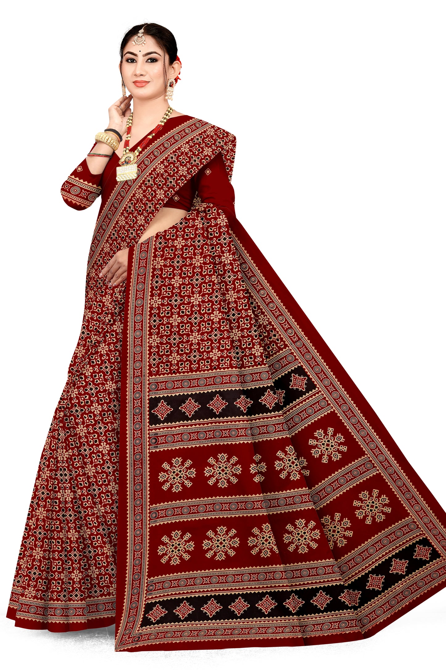 Sitara Premium Printed Ajrakh Red Color Saree