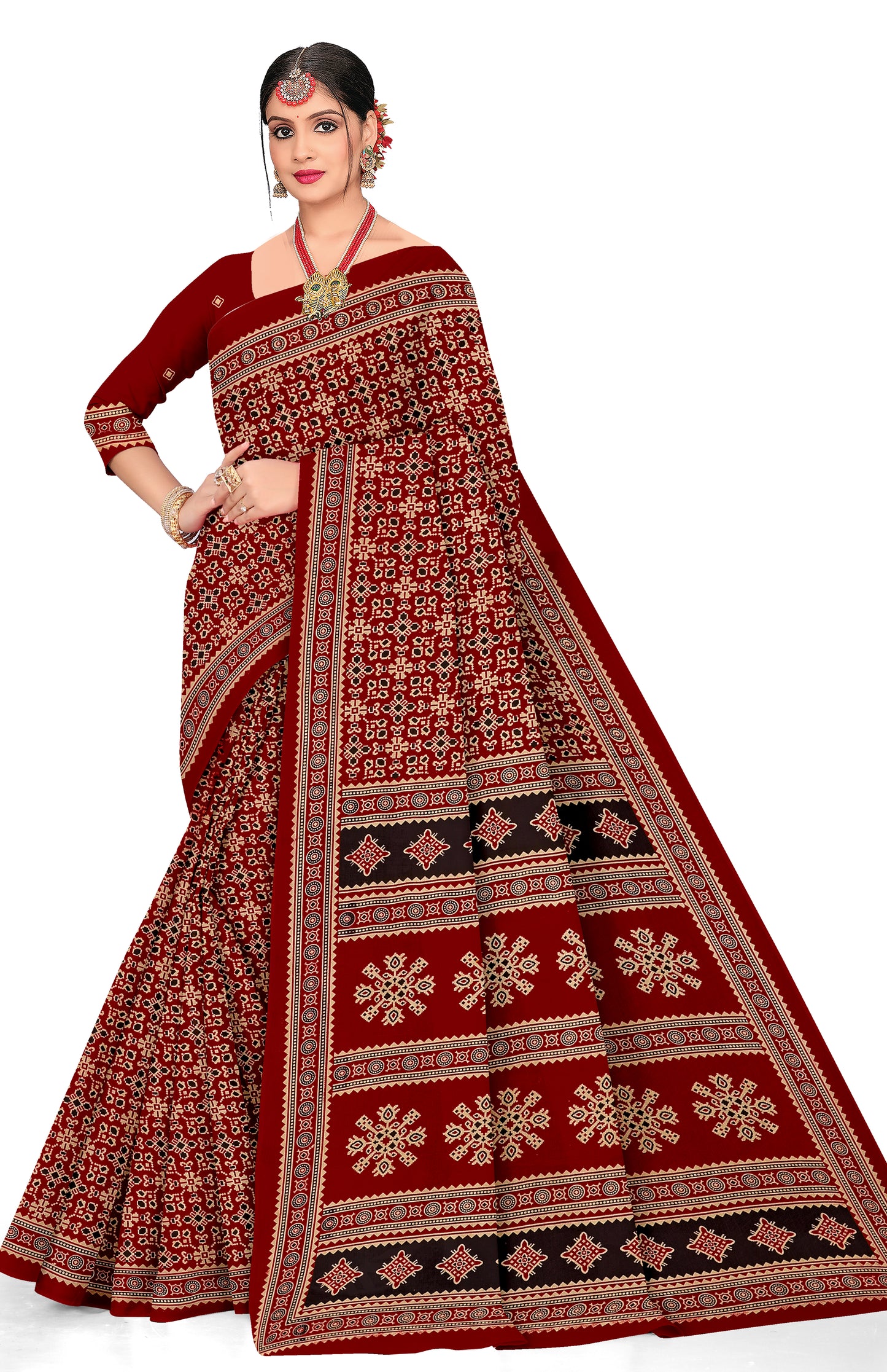 Sitara Premium Printed Ajrakh Red Color Saree