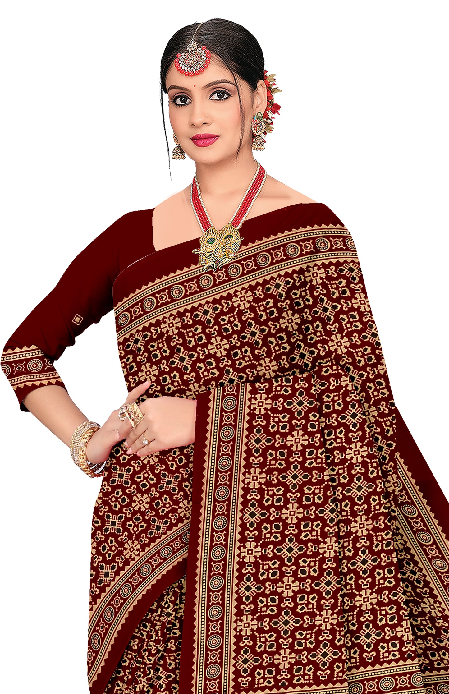 Sitara Premium Printed Ajrakh Maroon Color Saree