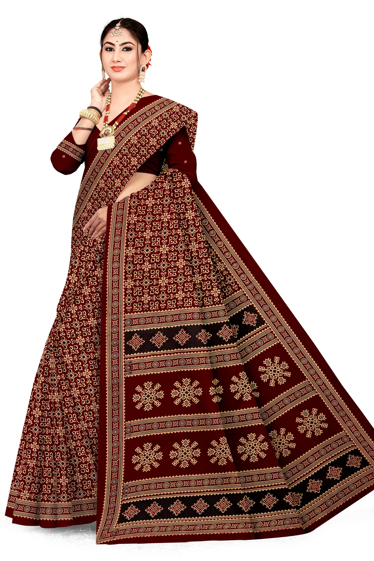 Sitara Premium Printed Ajrakh Maroon Color Saree