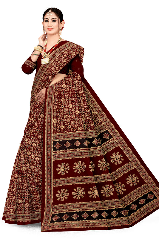 Sitara Premium Printed Ajrakh Maroon Color Saree