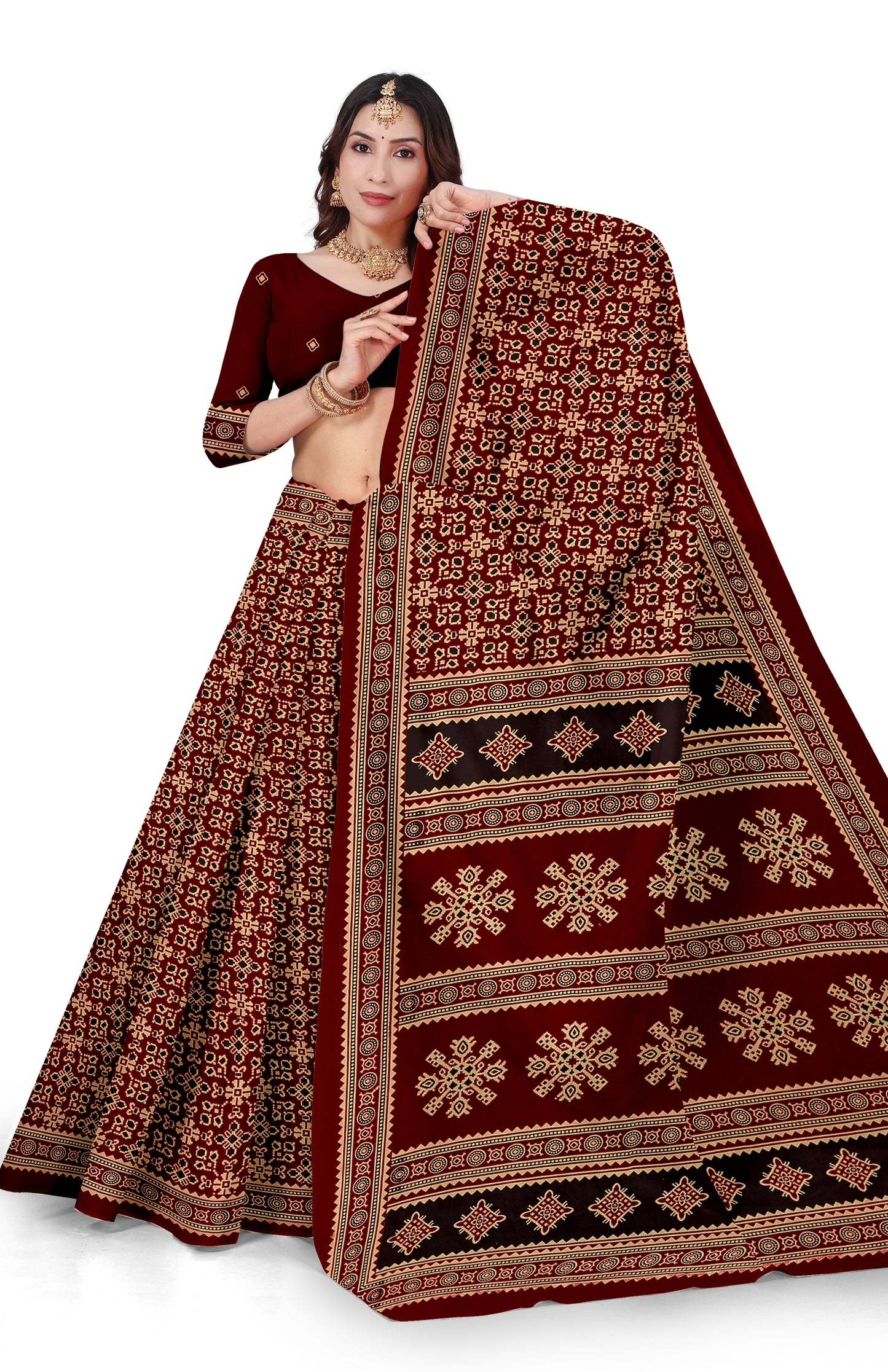 Sitara Premium Printed Ajrakh Maroon Color Saree