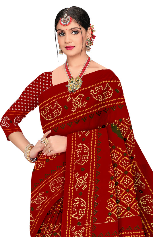 Rajwadi Heritage Print Bandhani Red Color Saree