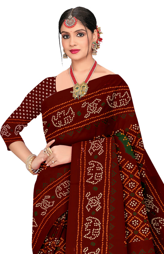 Rajwadi Heritage Print Bandhani Maroon Color Saree