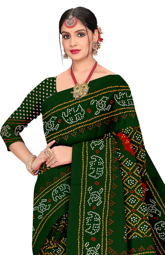 Rajwadi Heritage Print Bandhani Green Color Saree