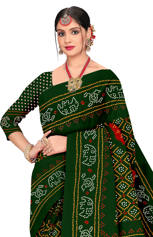 Rajwadi Heritage Print Bandhani Green Color Saree