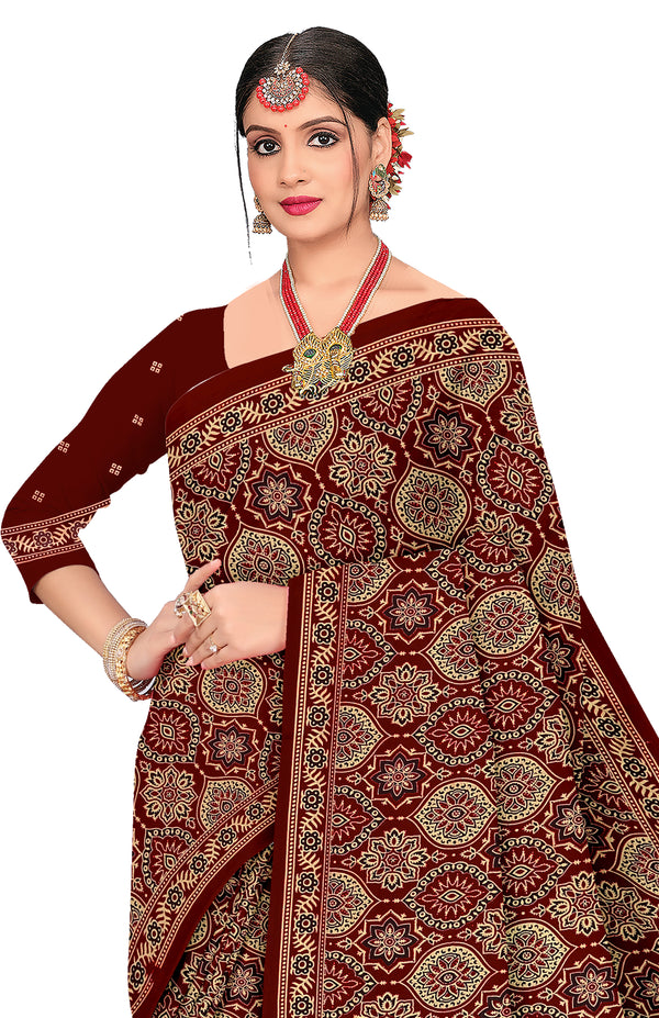 Roohi Heritage Print Maroon Color Ajrakh Saree