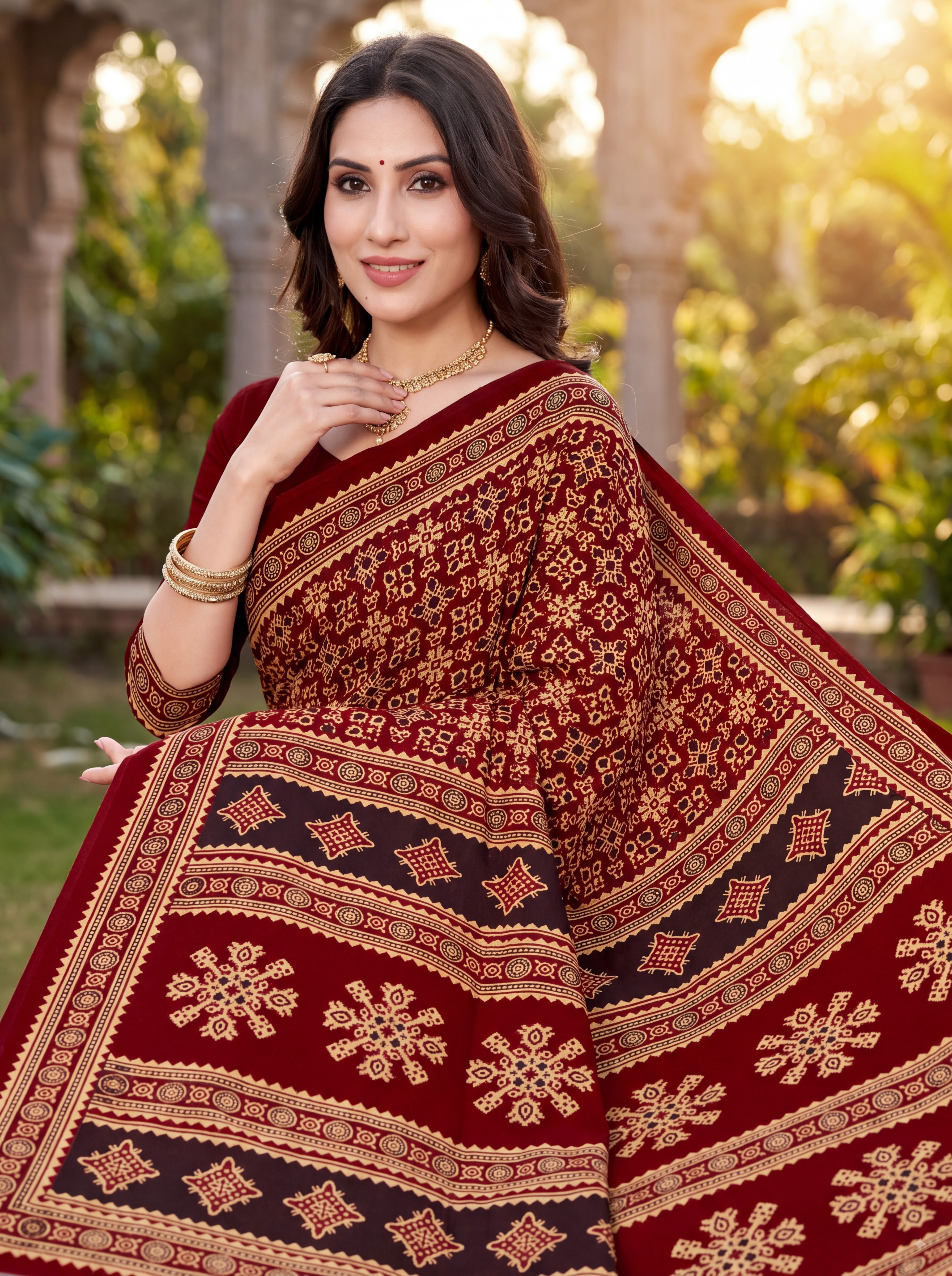 Sitara Premium Printed Ajrakh Maroon Color Saree