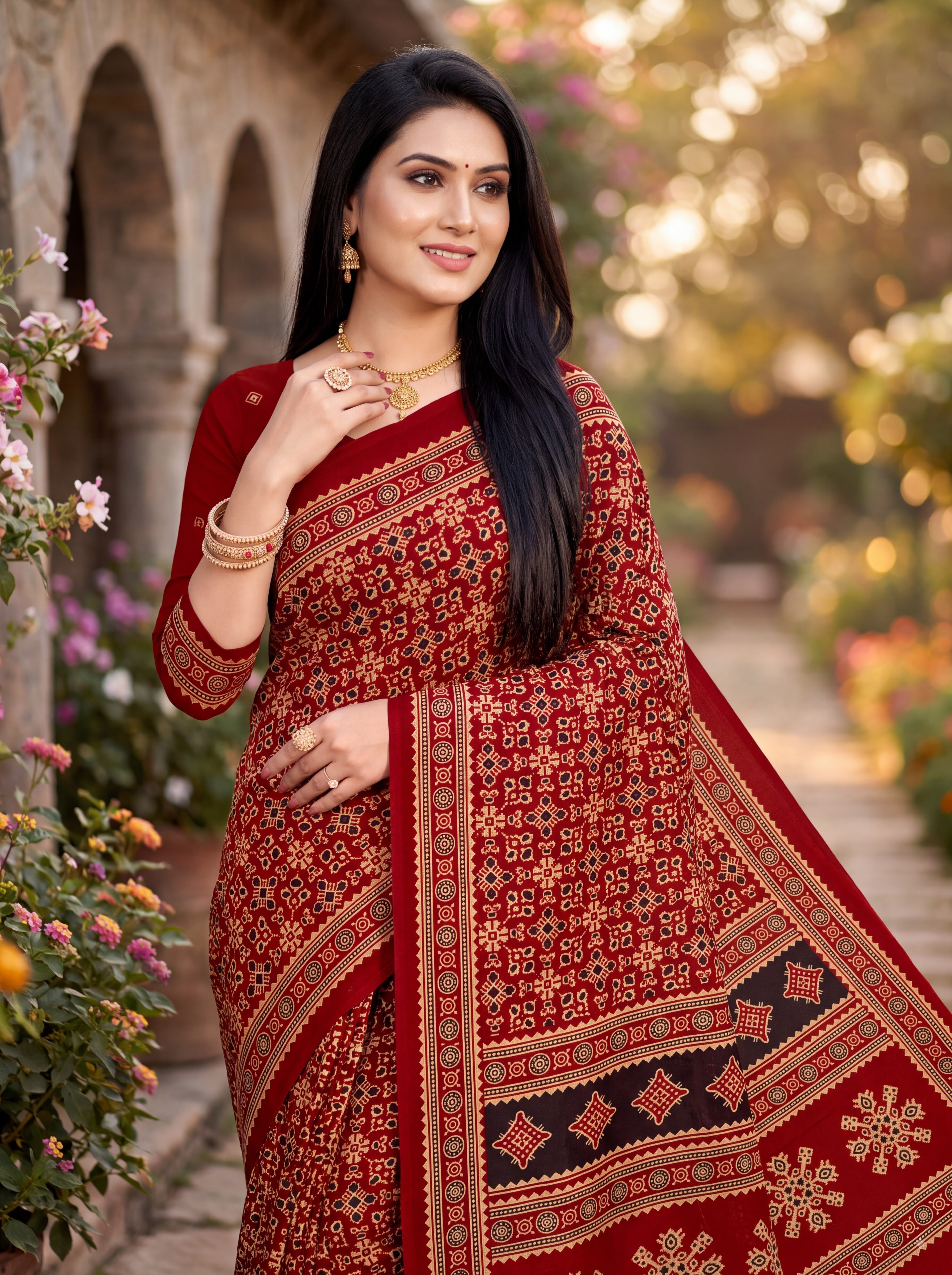 Sitara Premium Printed Ajrakh Red Color Saree