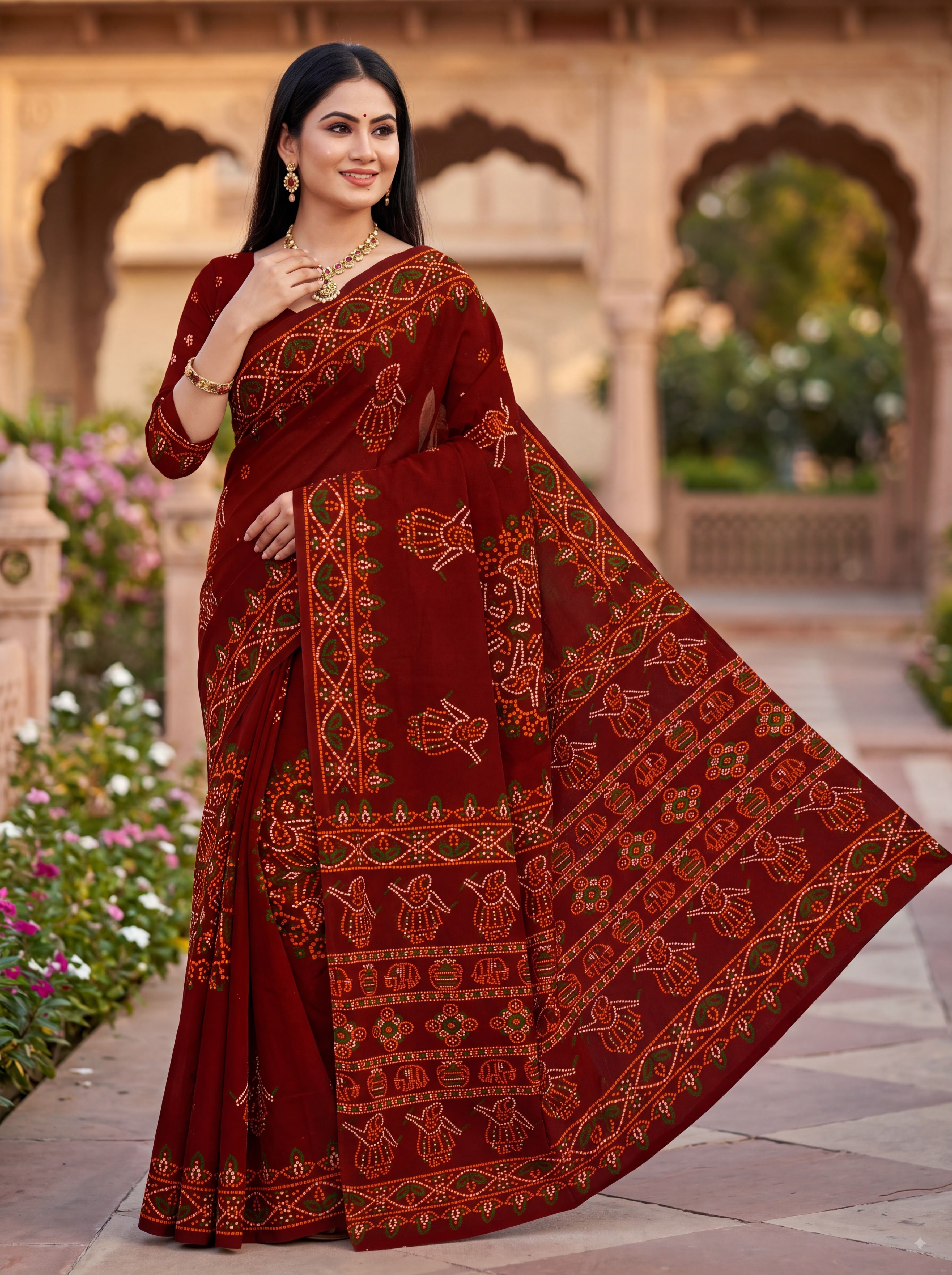 Rasmandala Heritage Print Maroon Color Bandhani Saree