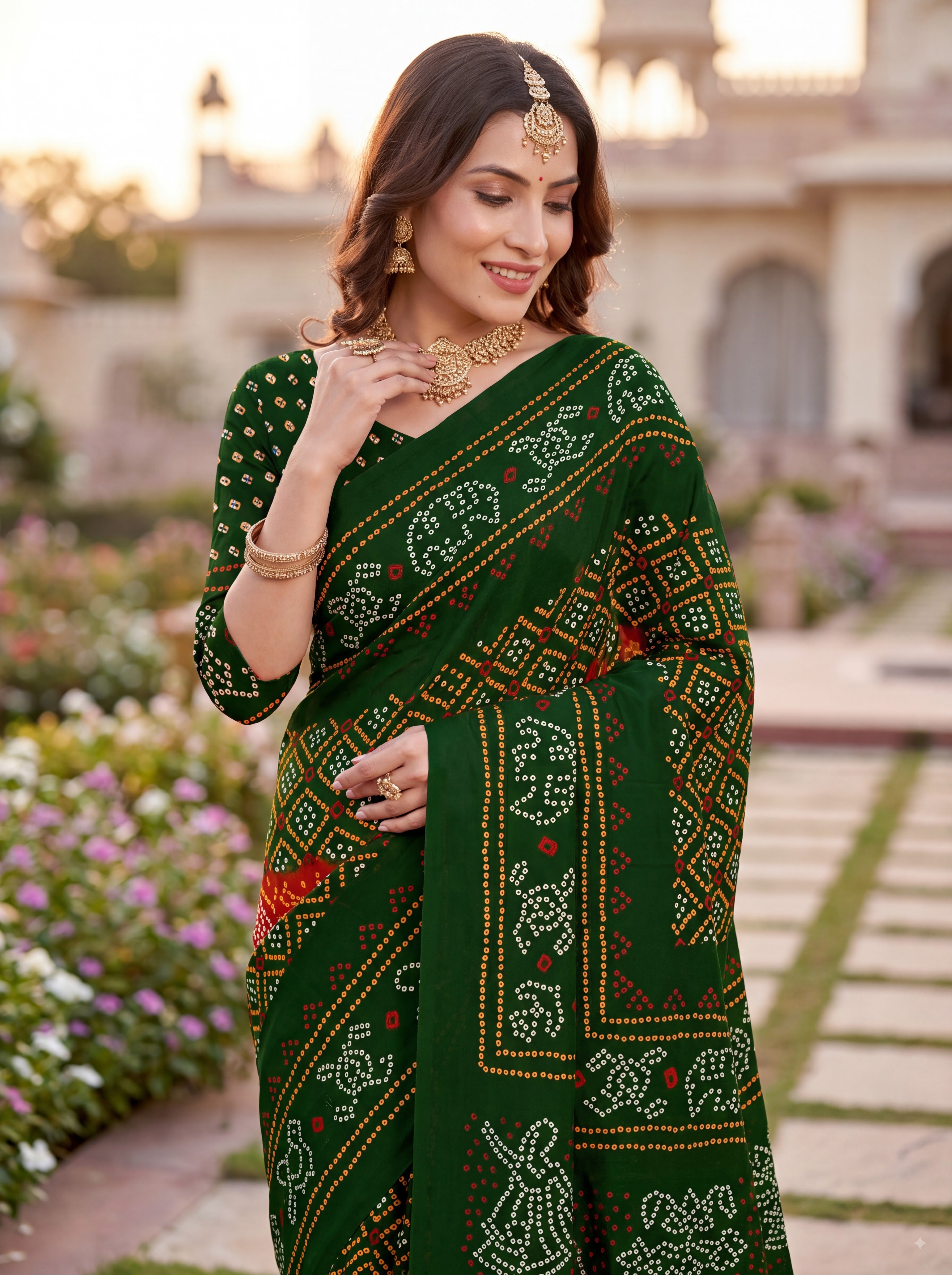 Rajratna Heritage Print Bandhani Green Color Saree