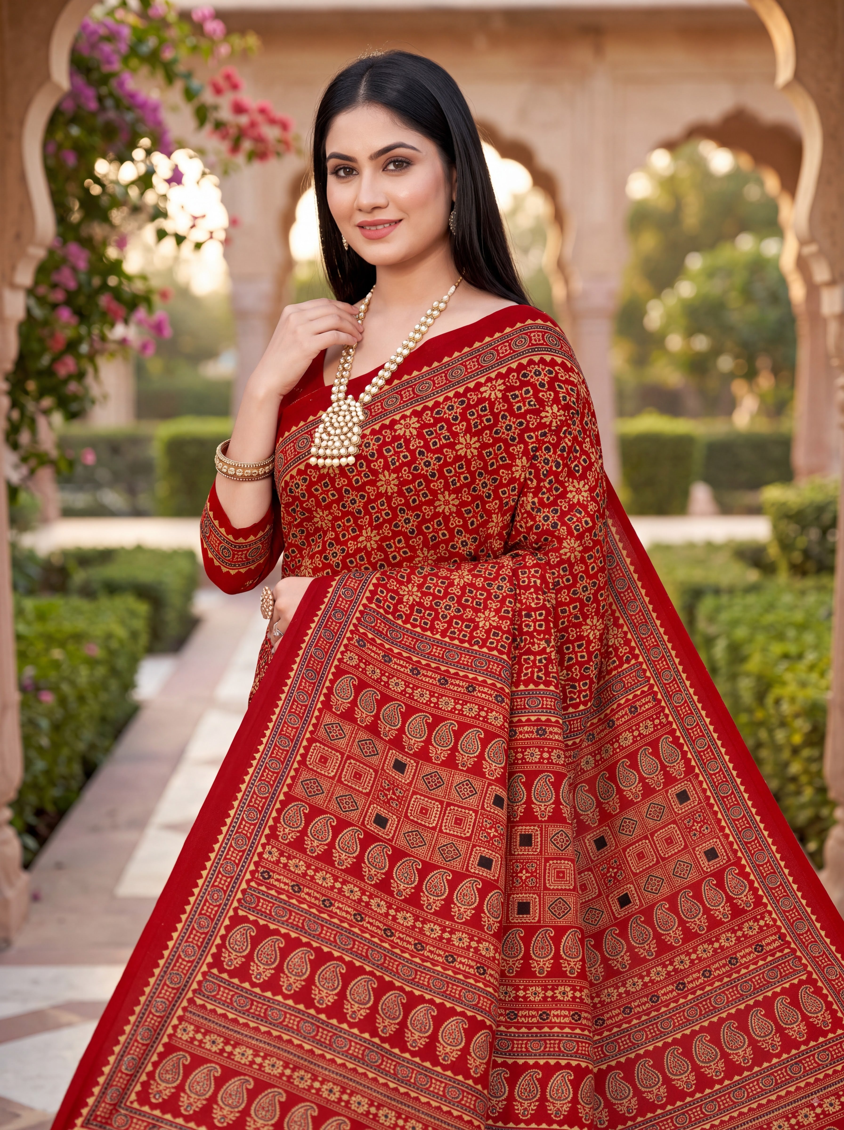 Yamini Heritage Print Ajrakh Red Color Saree