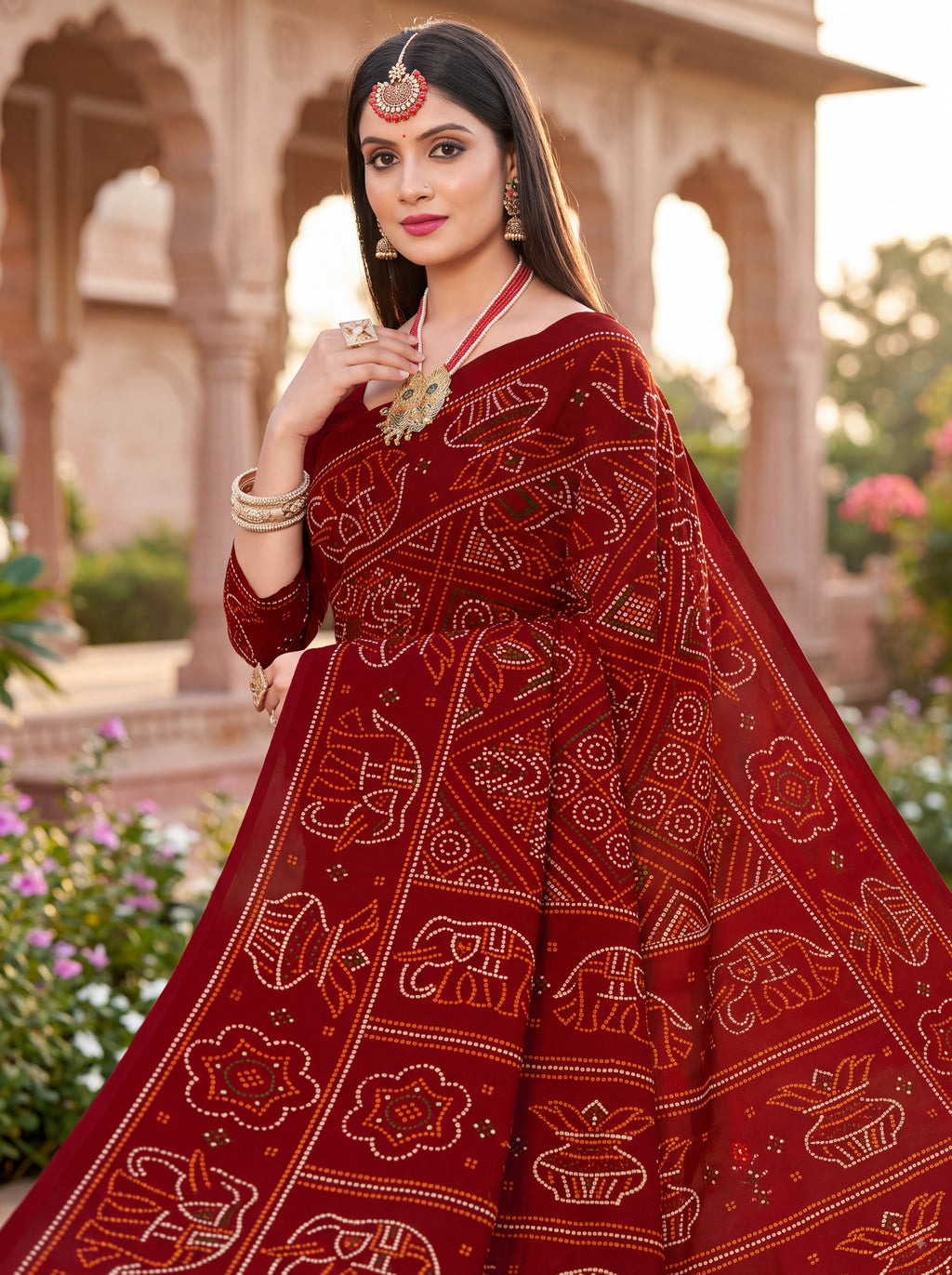 Gaj Kesari Heritage Print Maroon Color Bandhani Saree