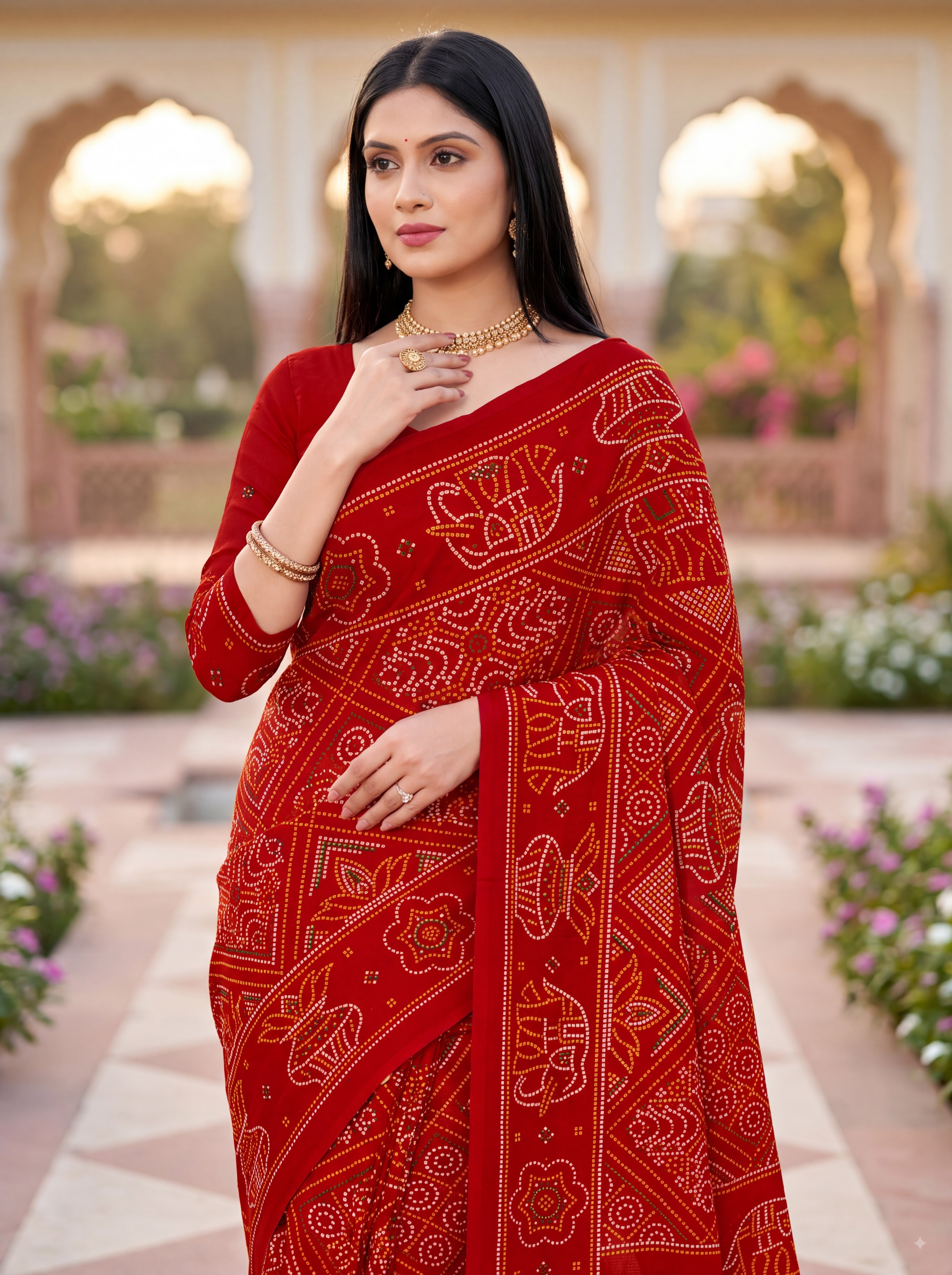 Gaj Kesari Heritage Print Red Color Bandhani Saree