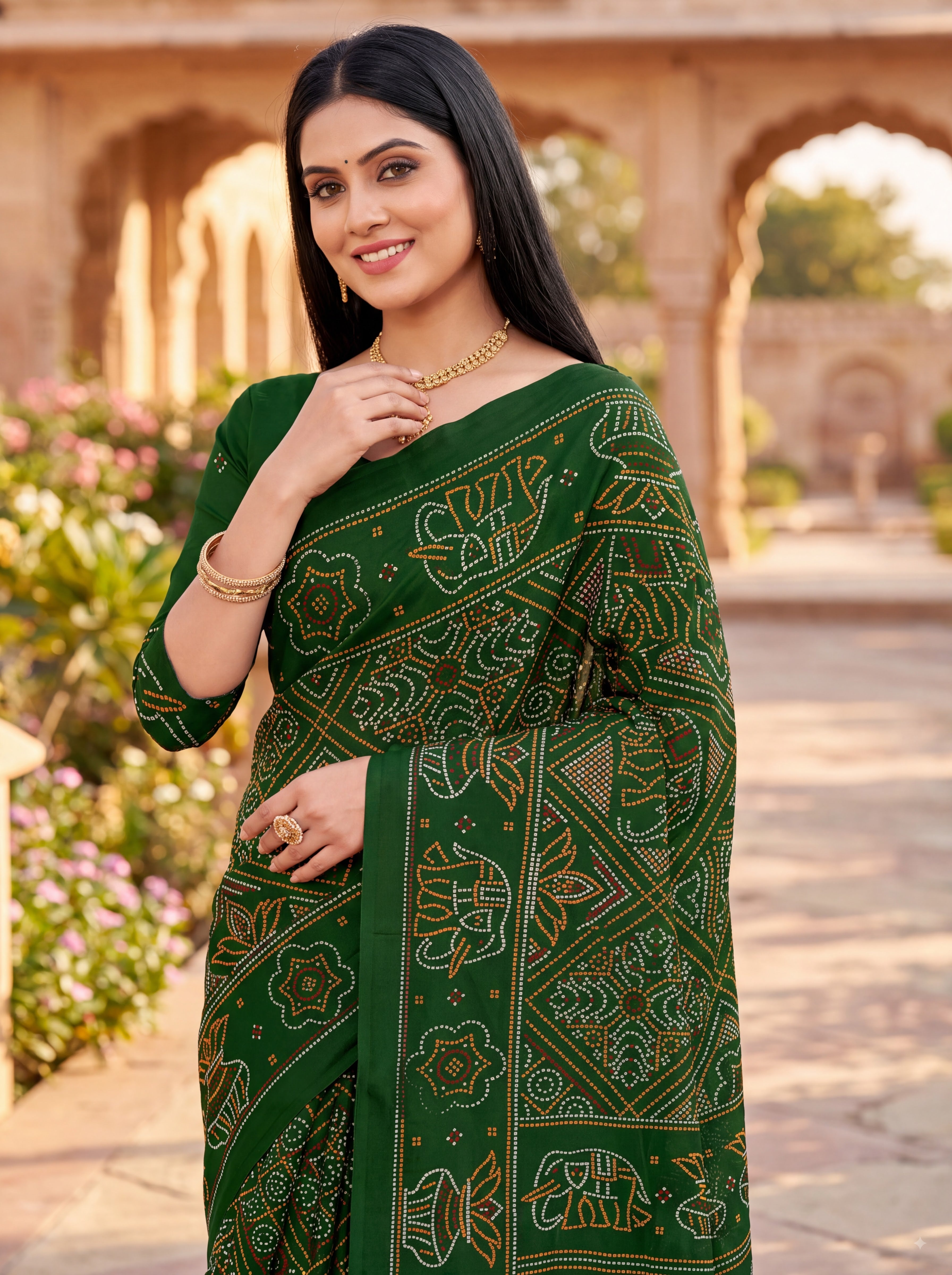 Gaj Kesari Heritage Print Green Color Bandhani Saree