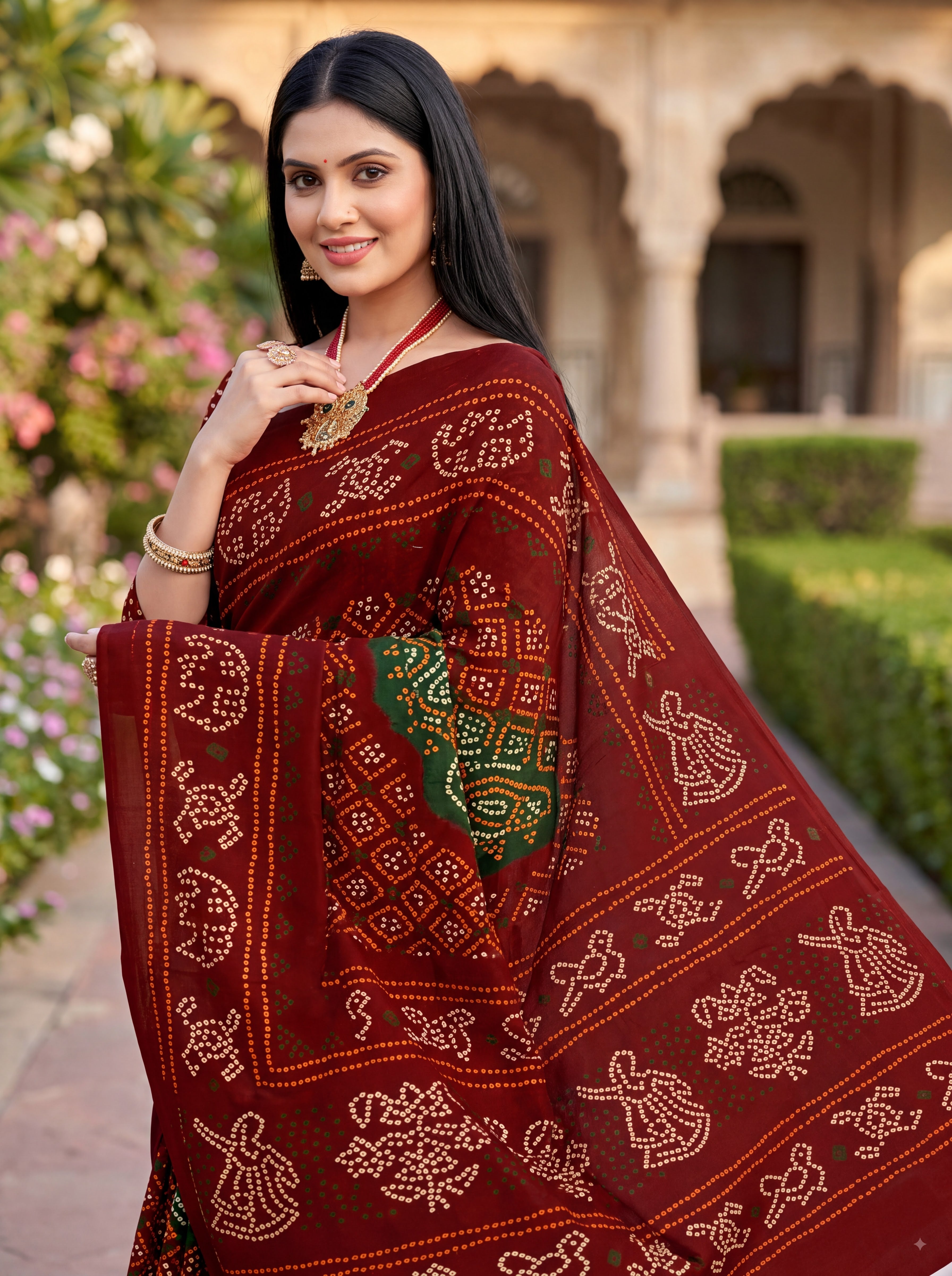 Rajratna Heritage Print Bandhani Maroon Color Saree