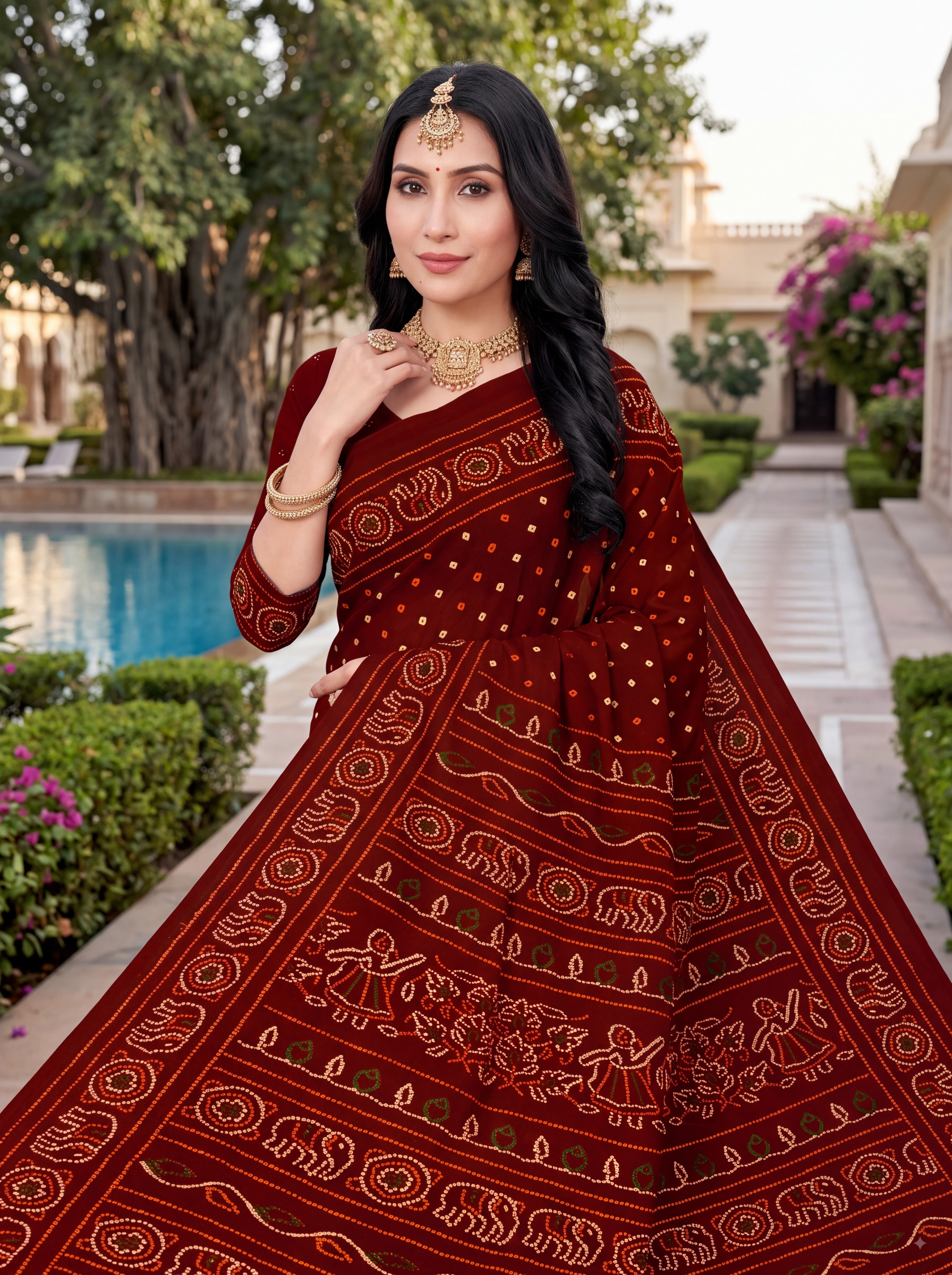 Rang Mahal Heritage Print Maroon Color Bandhani Saree