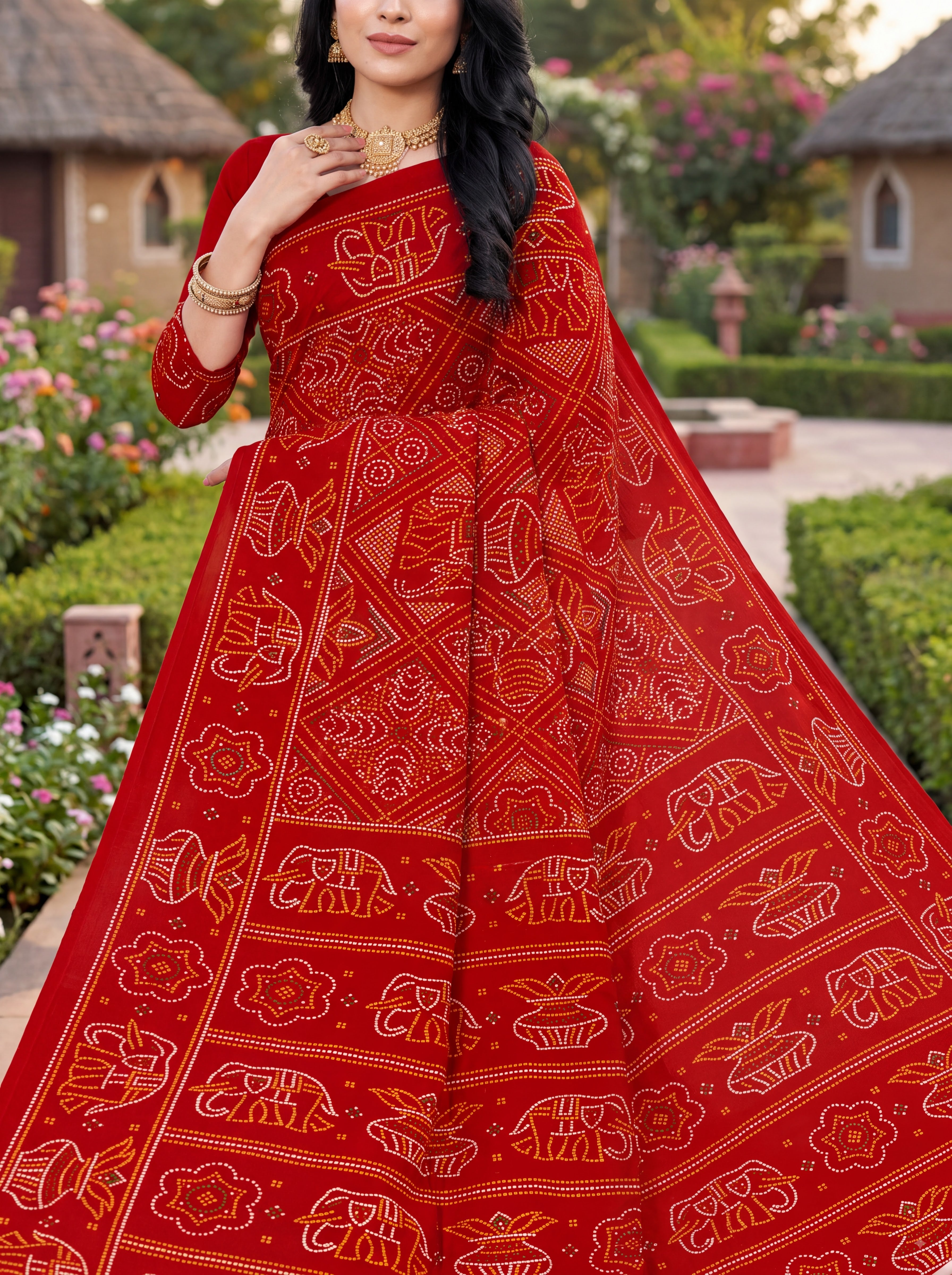 Gaj Kesari Heritage Print Red Color Bandhani Saree