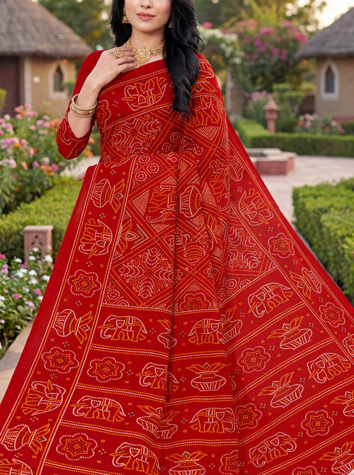 Gaj Kesari Heritage Print Red Color Bandhani Saree