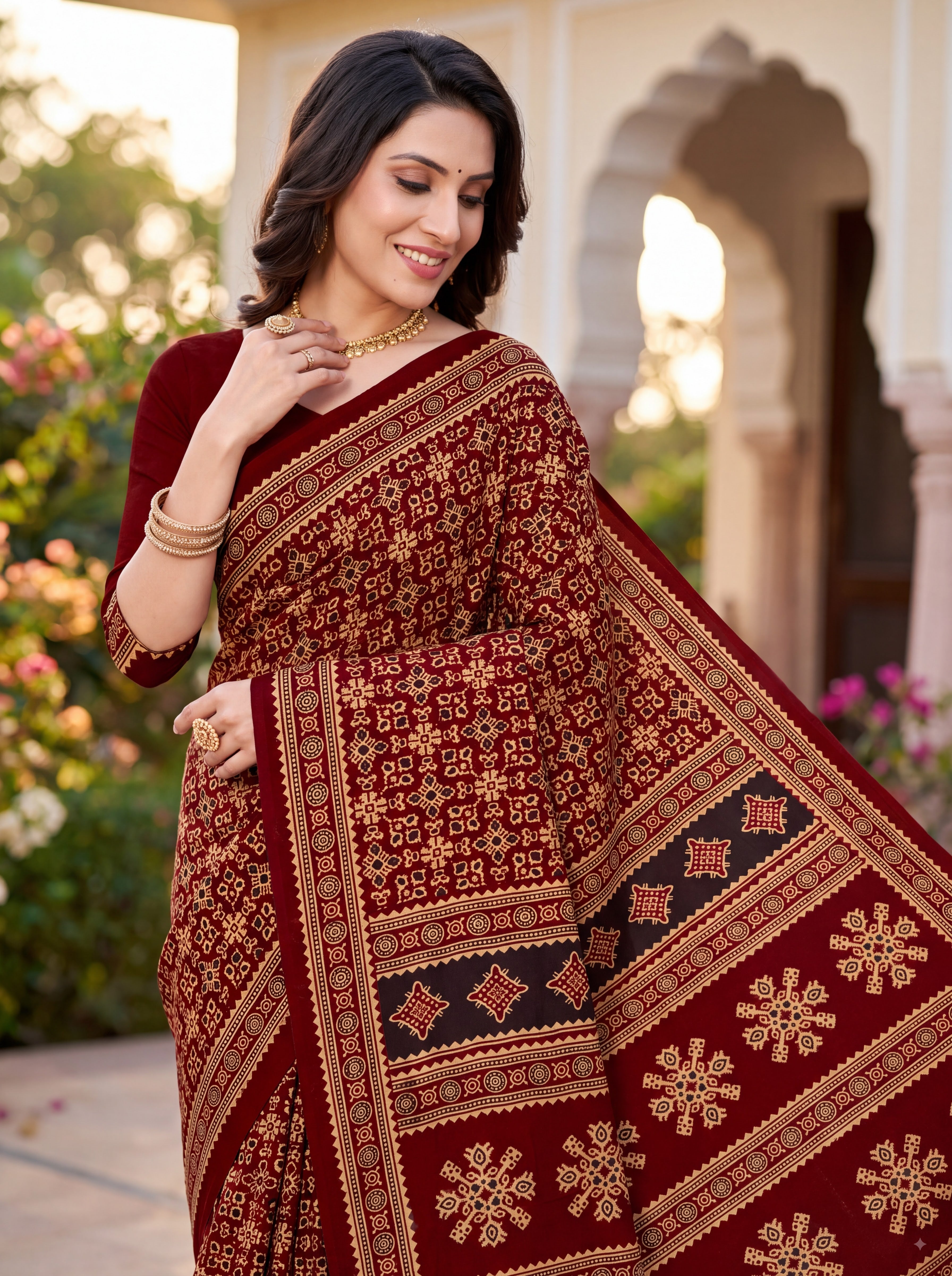 Sitara Premium Printed Ajrakh Maroon Color Saree