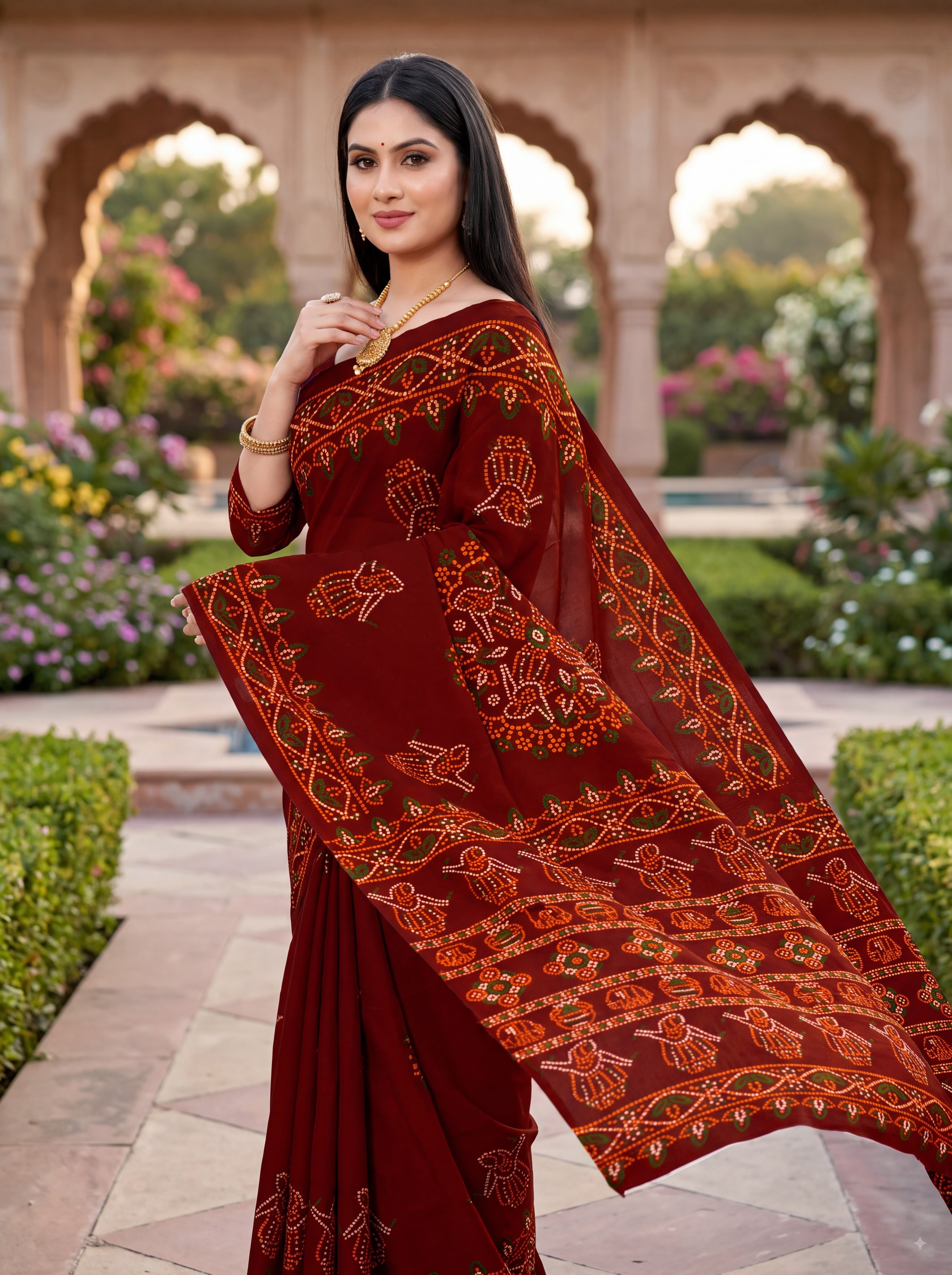Rasmandala Heritage Print Maroon Color Bandhani Saree