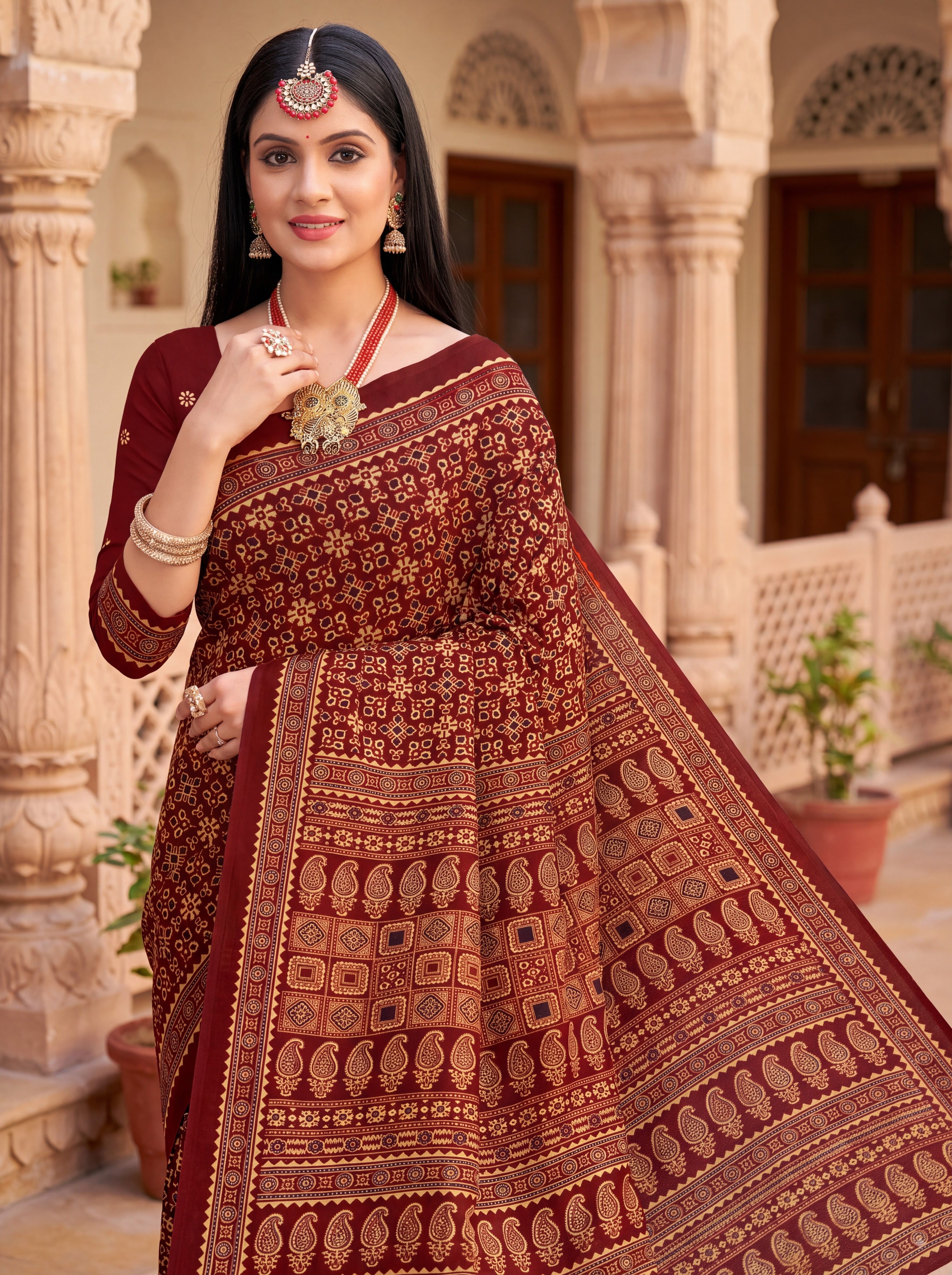 Yamini Heritage Print Ajrakh Maroon Color Saree