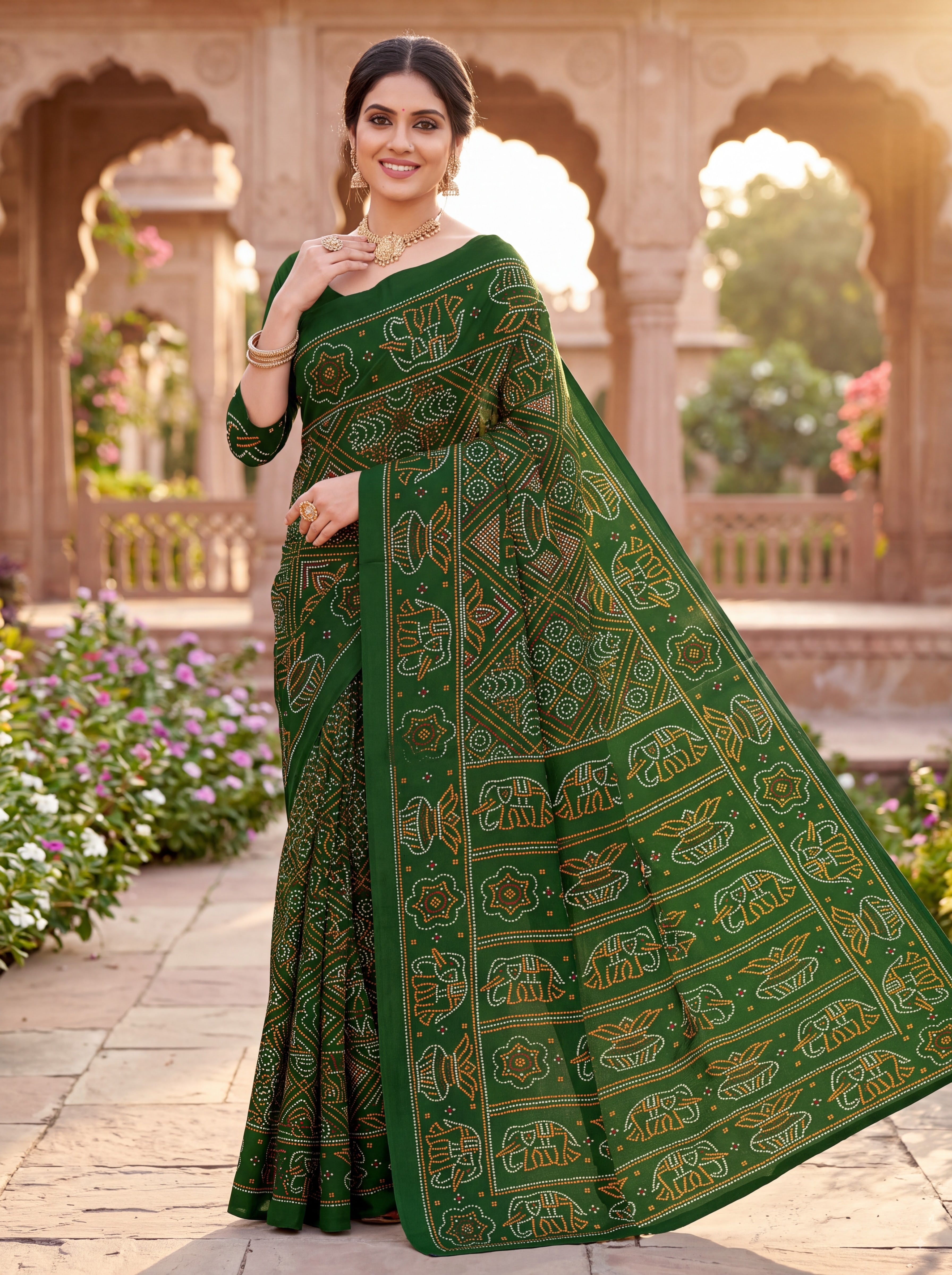 Gaj Kesari Heritage Print Green Color Bandhani Saree