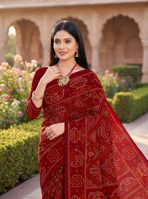 Gaj Kesari Heritage Print Maroon Color Bandhani Saree