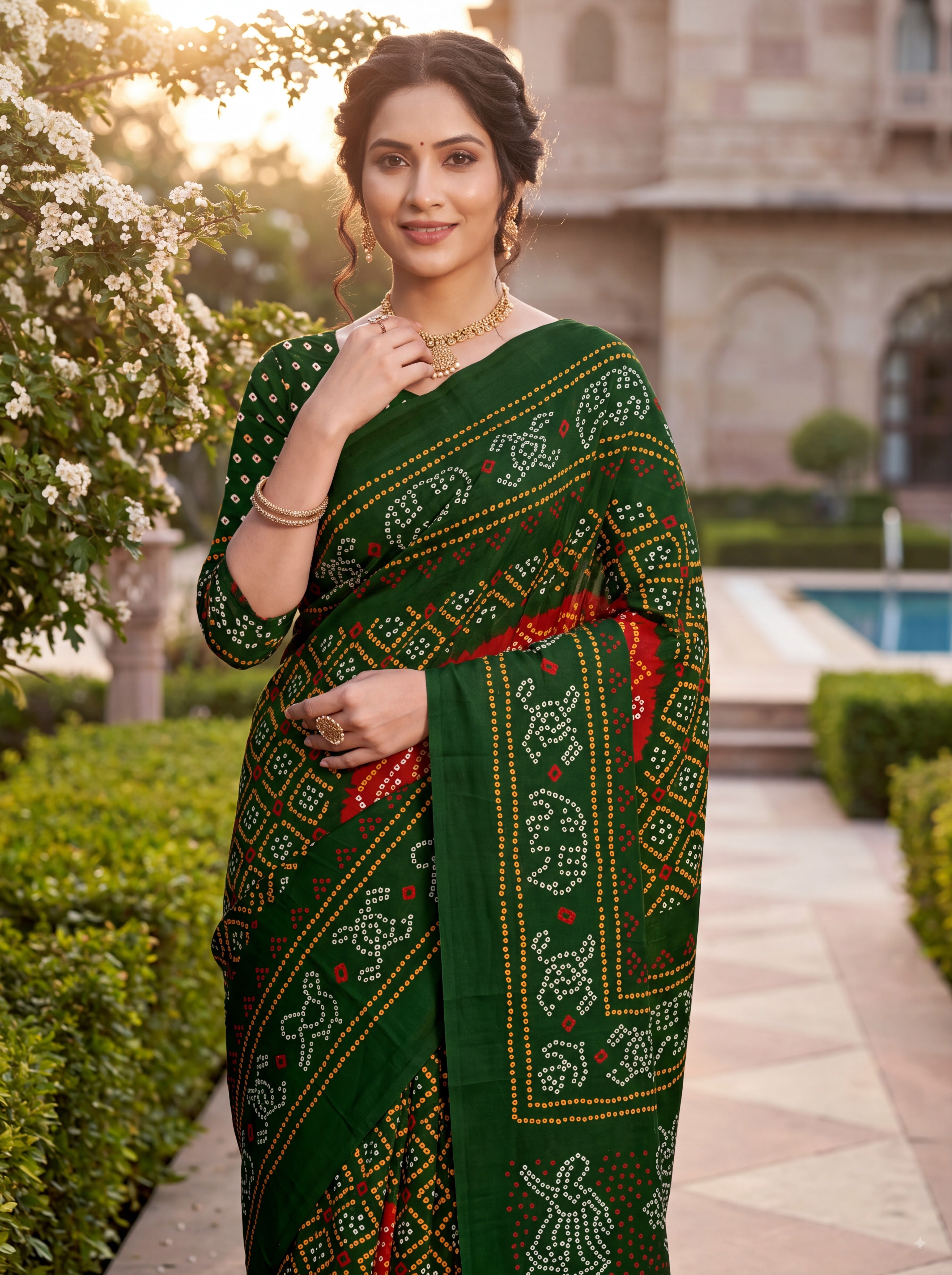 Rajratna Heritage Print Bandhani Green Color Saree
