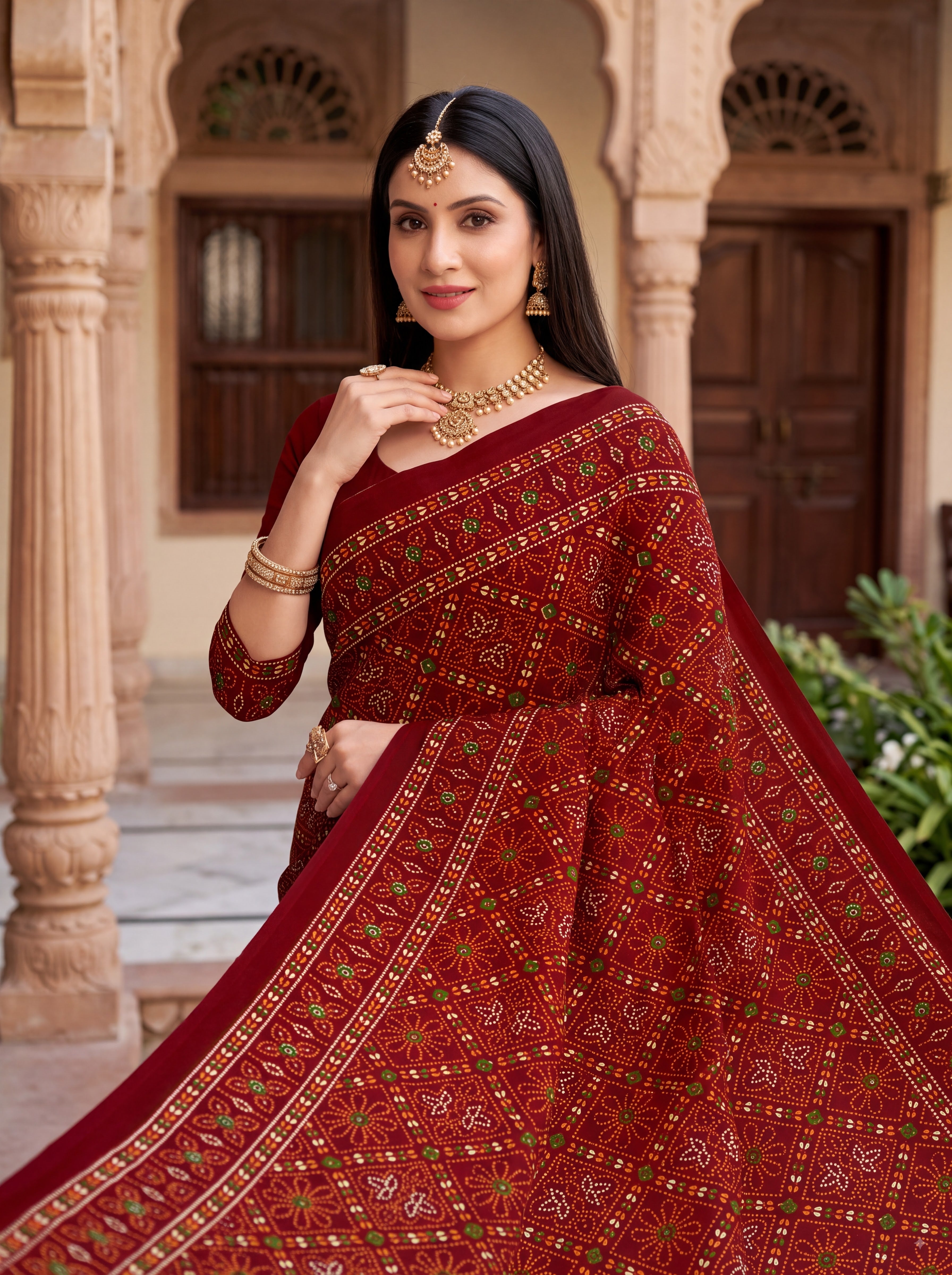 Raj Tilak Heritage Print Maroon Bandhani Saree