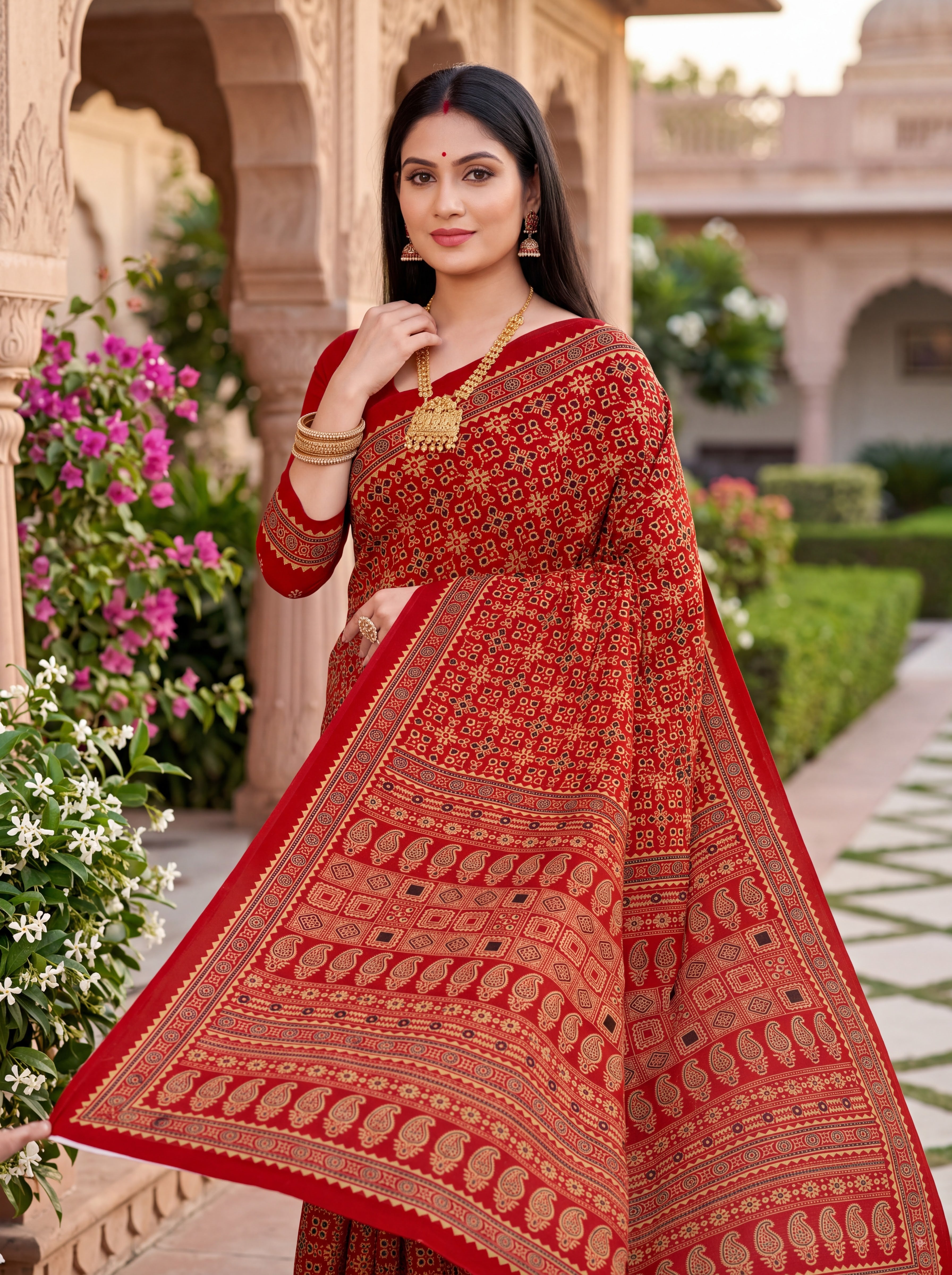 Yamini Heritage Print Ajrakh Red Color Saree